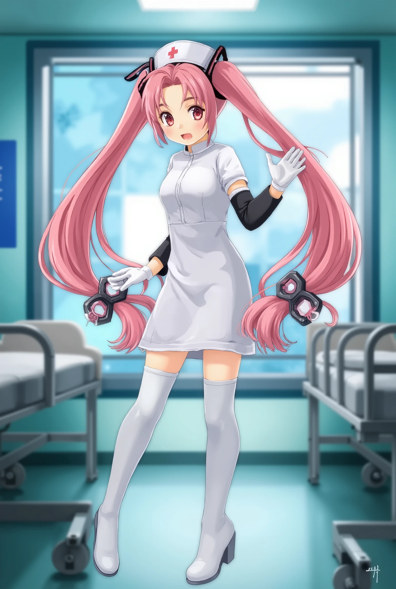 (Masterpiece、  top quality  、  top quality  、  Official Art、 beautiful beautiful:1.2)、(1 person:1.3)  Hatsune Miku  、  Twin Tails,  beautiful breasts,  1 GIRL, Alone,  Nurse,  Nurse cap, white  Nurse uniform, (( white legwear , Extraordinary Realm )), white gloves,  Twin Tails,  standing, ((Hospital room)),  sharp contours ,  Short Sleeve,  best quality , Masterpiece