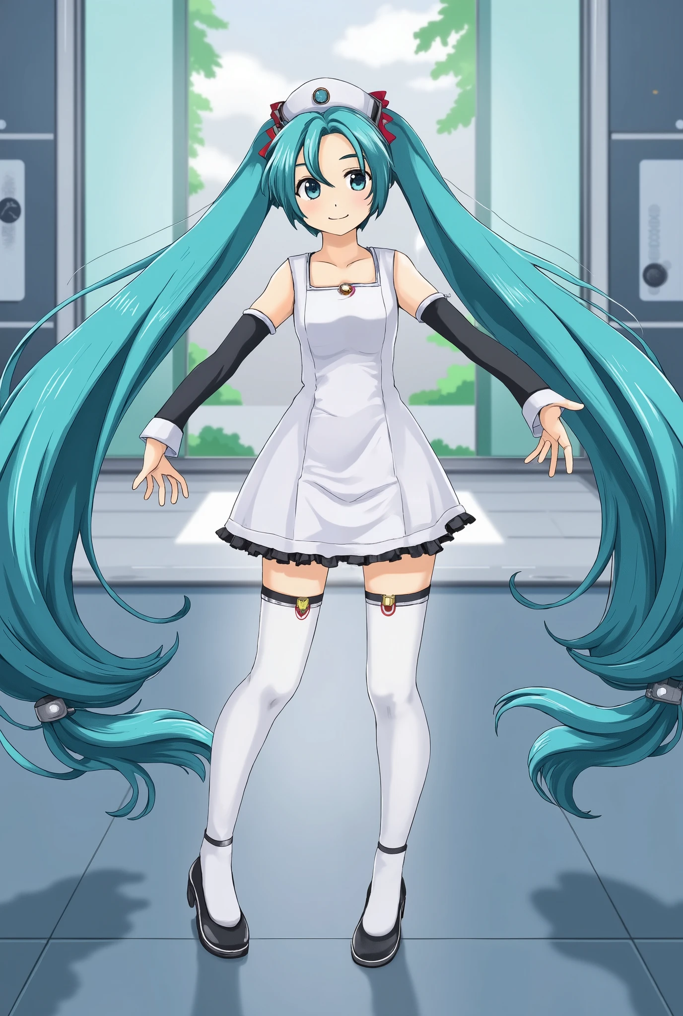(Masterpiece、  top quality  、  top quality  、  Official Art、 beautiful beautiful:1.2)、(1 person:1.3)  Hatsune Miku  、  Twin Tails,  beautiful breasts,  1 GIRL, Alone,  Nurse,  Nurse cap, white  Nurse uniform, (( white legwear , Extraordinary Realm )), white gloves,  Twin Tails,  standing, ((Hospital room)),  sharp contours ,  Short Sleeve,  best quality , Masterpiece