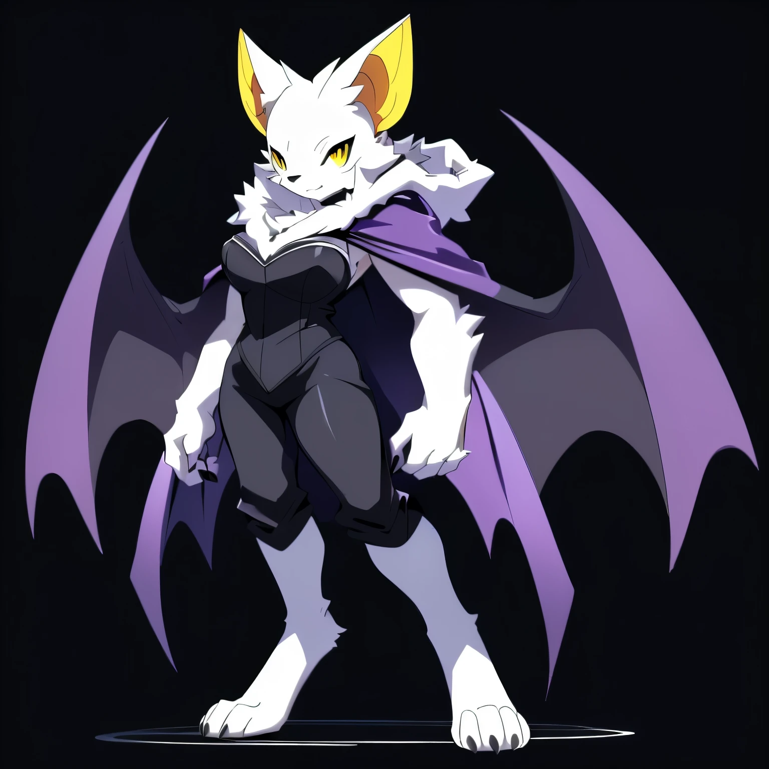 Anime, anime style, ((single person:2)), ((solo drawing:2)), ((solo:2)), ((three-quarter view)), ((Looking to the side)), ((female Anthro bat)), ((Tall figure)), ((buxom figure)), ((white skin)), clawed hands, ((clawed paws)), ((Single Pair of Wings)), ((Huge Bat Wings)), ((Purple Bat Wings:1.2)), white bat ears, ((wearing a black bustier)), ((white face)), ((neutral expression)), vivid yellow eyes, ((digitigrade legs)), ((digitigrade feet)), ((solid black background)), ((blank black background)), highly detailed anime style, clean lines, white face, short white muzzle, white furry cheeks, white furry muzzle, ((wearing black pants)), ((white paws)), ((wearing a full body cloak)) ((Wearing a black cloak))