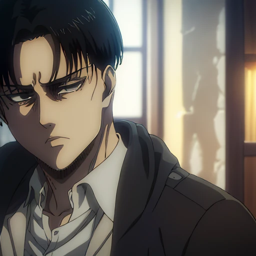 (best quality,4k,8k,highres,masterpiece:1.2),ultra-detailed,(realistic,photorealistic,photo-realistic:1.37), Levi Ackerman ,male , mappa art style

"Levi Ackerman from Attack on Titan,he white . He has short black hair styled neatly, sharp angular facial features, and piercing dark gray eyes

Frange Rideau, Frange Rideau, Cheveux Courts, Cheveux Noirs,, arms muscles, six packs ،Sad ,Pupilles Brillantes, ,setting on bed  in a wooden house , at night , thinking  , wearing black pants,  Réfléchir, Douleur, 