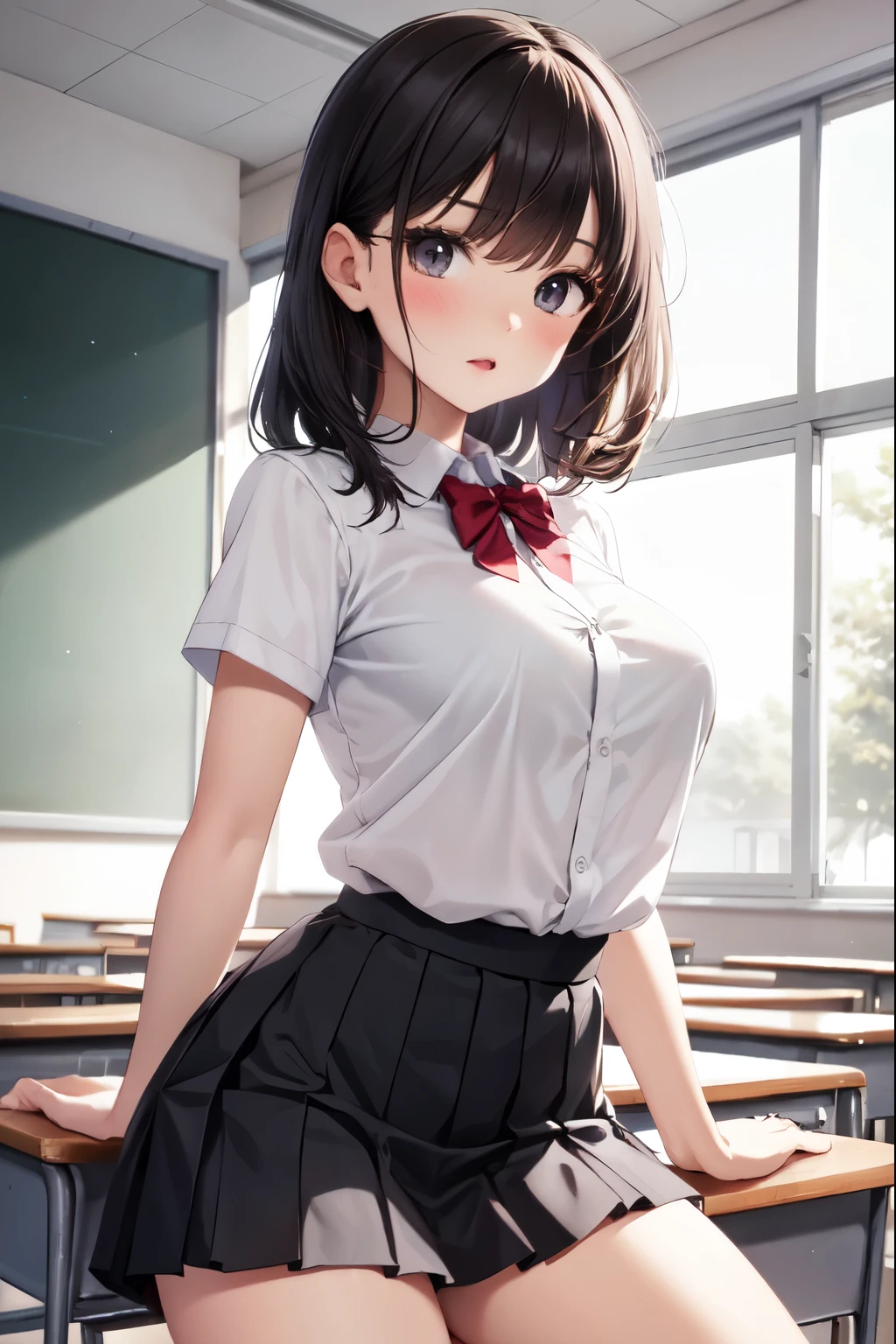 horny middle school girls 、Black Haired Beautiful Girl、Short-sleeved uniform、 white blouse、Pleated skirt、 horny thighs、classroom