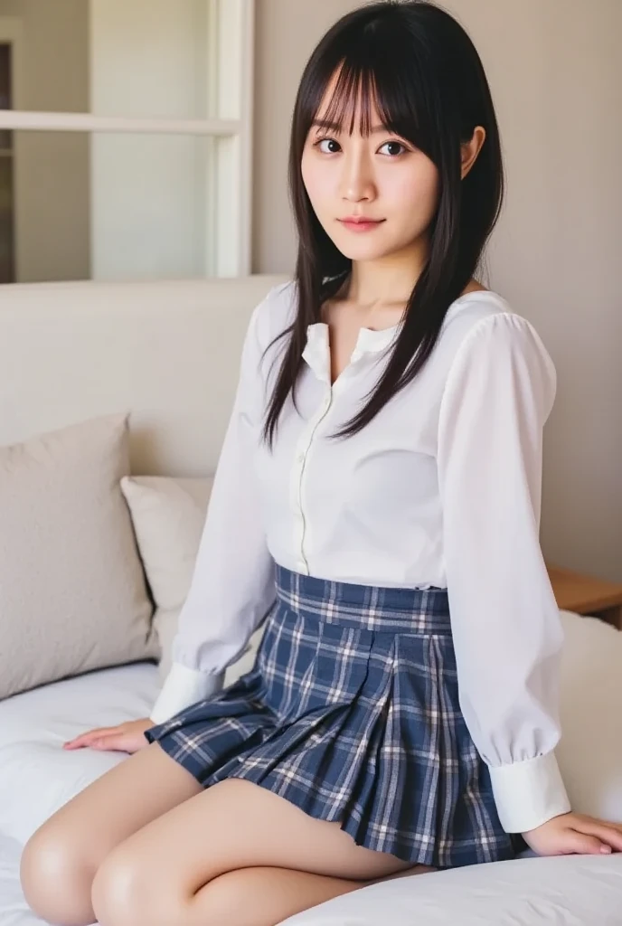 photo realistic, best quality, masterpiece, a Japanese pretty girl, *****,  pretty face, symmetrical eyes, eye contact, smile, petit, flat chest, white blouse with frills and lace, tartan check skirt with frills and lace, on the bed, dynamic posing, dynamic angle, 