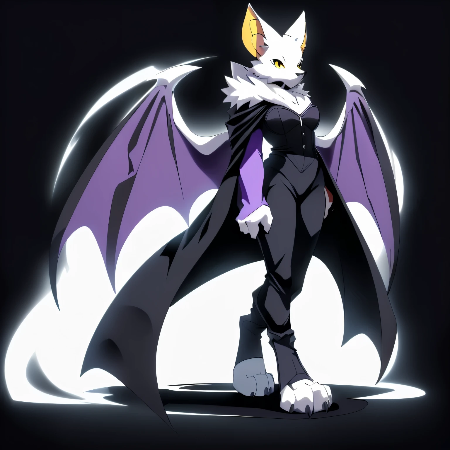 Anime, anime style, ((single person:2)), ((solo drawing:2)), ((solo:2)), ((three-quarter view)), ((Looking to the side)), ((female Anthro bat)), ((Tall figure)), ((buxom figure)), ((white skin)), clawed hands, ((clawed paws)), ((Single Pair of Wings)), ((Huge Bat Wings)), ((Purple Bat Wings:1.2)), white bat ears, ((wearing a black bustier)), ((white face)), ((neutral expression)), vivid yellow eyes, ((digitigrade legs)), ((digitigrade feet)), ((solid black background)), ((blank black background)), highly detailed anime style, clean lines, white face, short white muzzle, white furry cheeks, white furry muzzle, ((wearing black pants)), ((white paws)), ((wearing a full body cloak)) ((Wearing a black cloak))