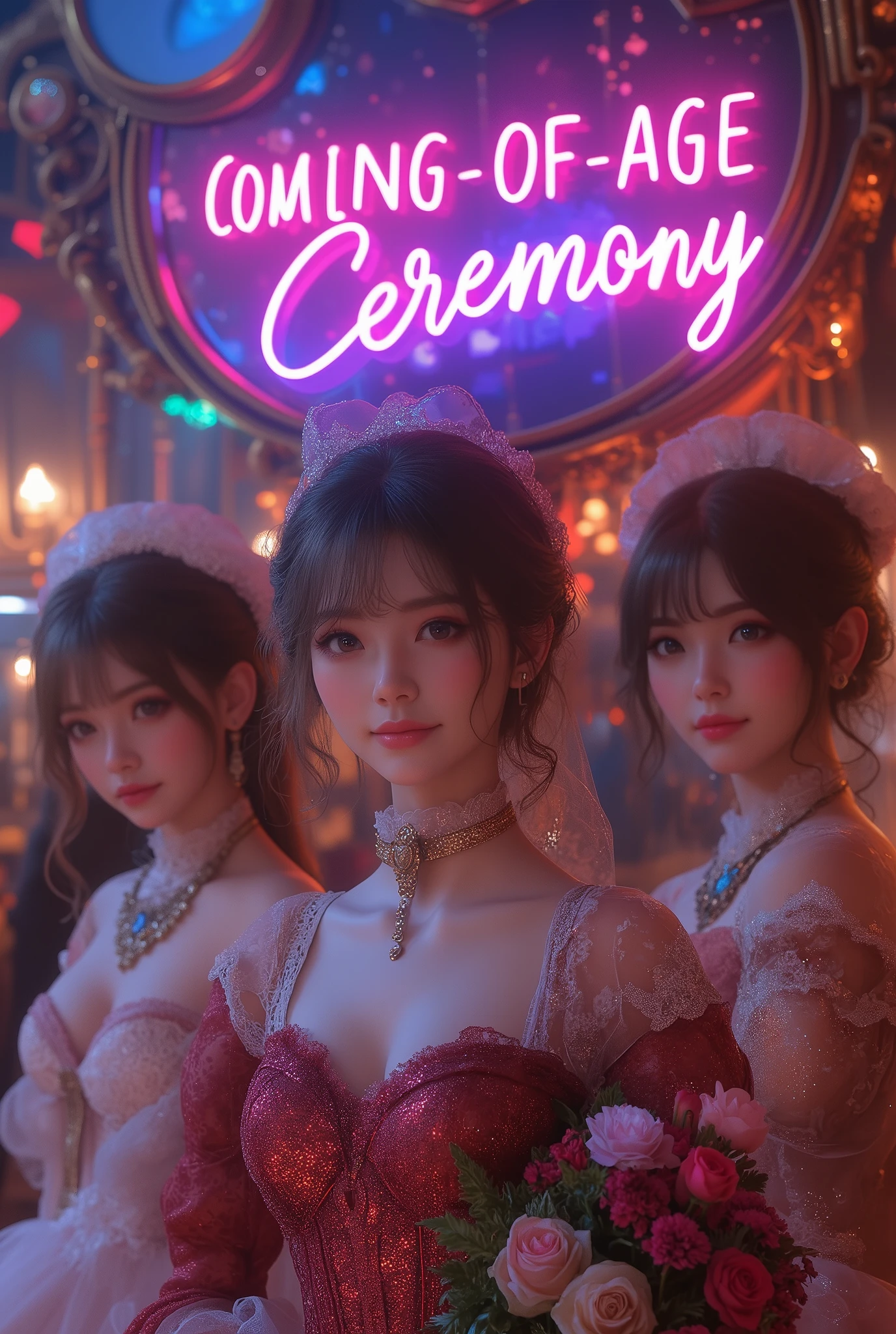 best quality , Super quality, 16k, unbelievably absurd, very detailed, 2.5D, Delicate and Dynamic , Kiri Reina female, 3 noble ladies, enchanting smile, Adultの装い, great style , bouquet, steampunk, DIESEL PUNK , clock punk , cyberpunk, Glitter effect, Adult, (a large neon sing which says "Coming-of-age ceremony":1.8)