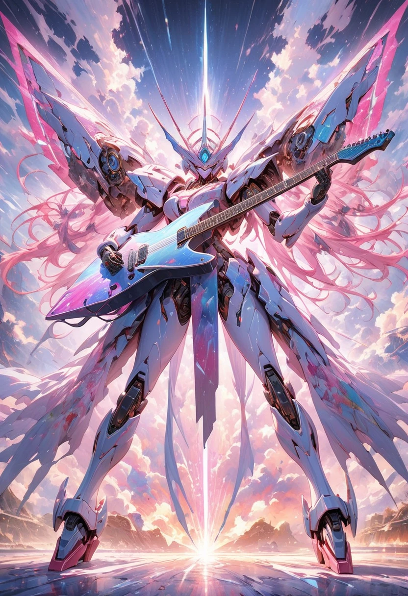 fusion of watercolor, acrylic and collage, conceptual installation art, giant mecha robot with a beautiful form of smooth curves, playing a star-shaped electric guitar with exposed mechanical parts and shining LEDs, background universe, cosmic rays, various effects, professional and perfect composition, extremely delicate depiction, extremely clear image, bold and dynamic, contrasts of light and shadow, ultra detailed, absolutely resolution, masterpiece