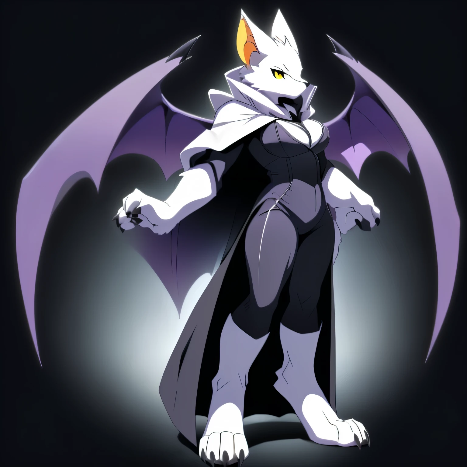 Anime, anime style, ((single person:2)), ((solo drawing:2)), ((solo:2)), ((three-quarter view)), ((Looking to the side)), ((female Anthro bat)), ((Tall figure)), ((buxom figure)), ((white skin)), clawed hands, ((clawed paws)), ((Single Pair of Wings)), ((Huge Bat Wings)), ((Purple Bat Wings:1.2)), white bat ears, ((wearing a black bustier)), ((white face)), ((neutral expression)), vivid yellow eyes, ((digitigrade legs)), ((digitigrade feet)), ((solid black background)), ((blank black background)), highly detailed anime style, clean lines, white face, short white muzzle, white furry cheeks, white furry muzzle, ((wearing black pants)), ((white paws)), ((wearing a full body cloak)) ((Wearing a black cloak))