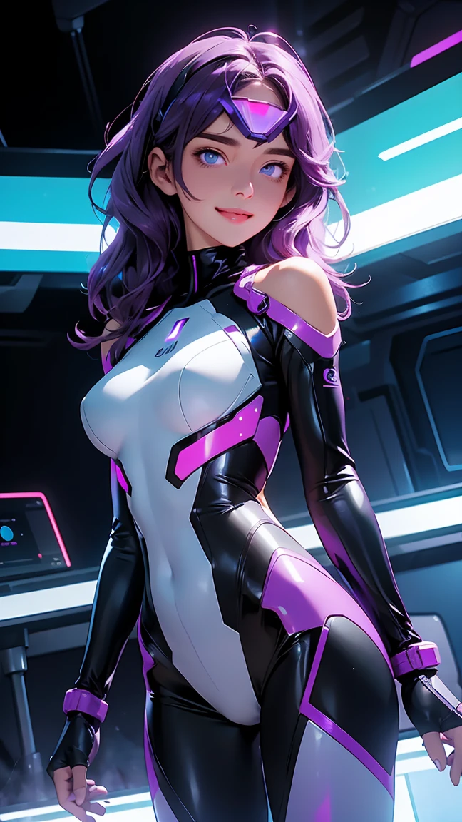 1female, pink hair, long and wavy, wearing a futuristic black and purple bodysuit, standing on a spaceship bridge, detailed face, hands to the side
