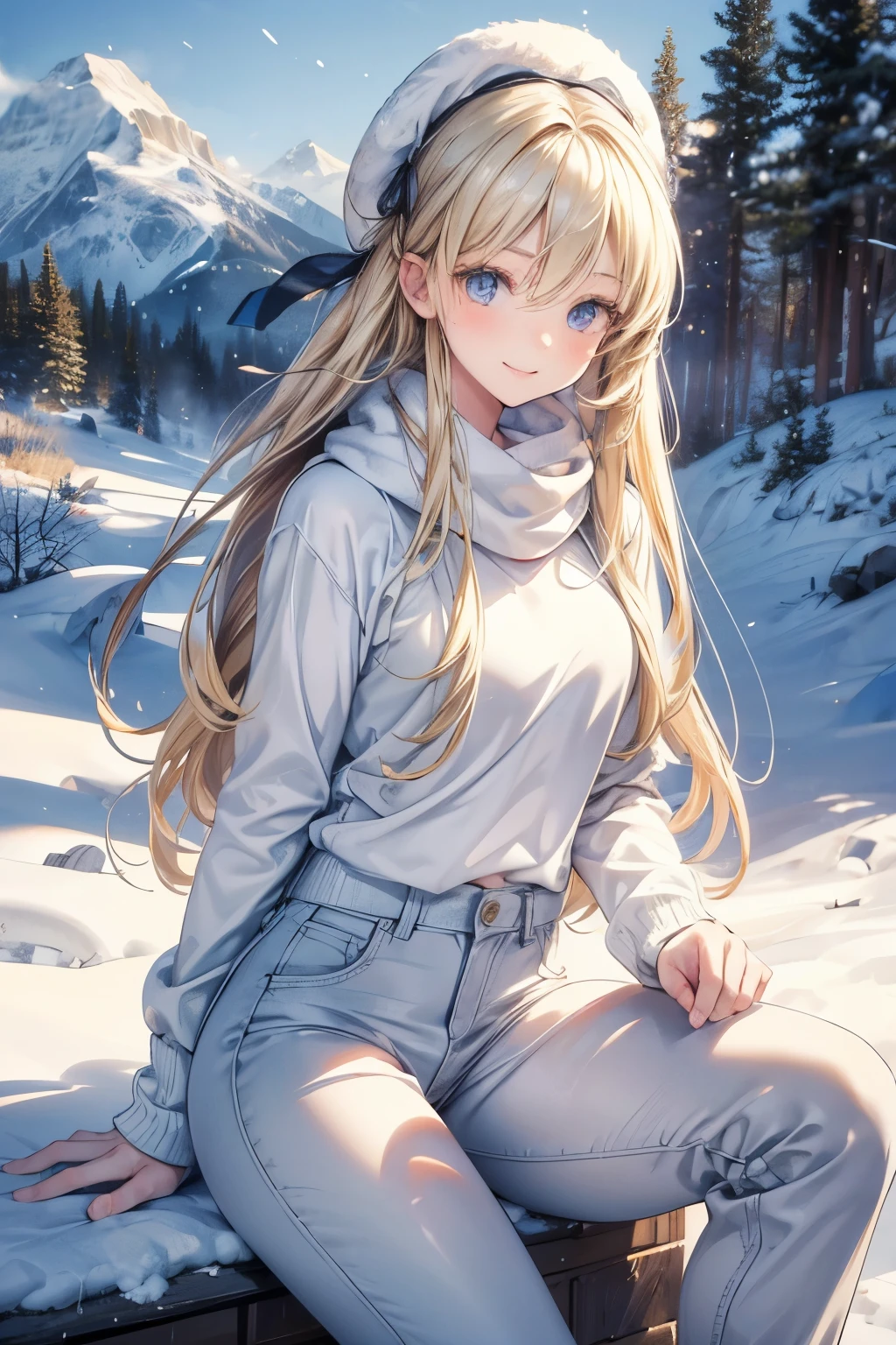masterpiece, best quality , VERY DETAILED,photo realistic, realistic, ultra high resolution, Masterpiece, beautiful girl, teenager,Blonde, Straight Hair , perfect eyes, so cute,smile,Ski,Skiウェア,pants,snow山,snow,Active pose