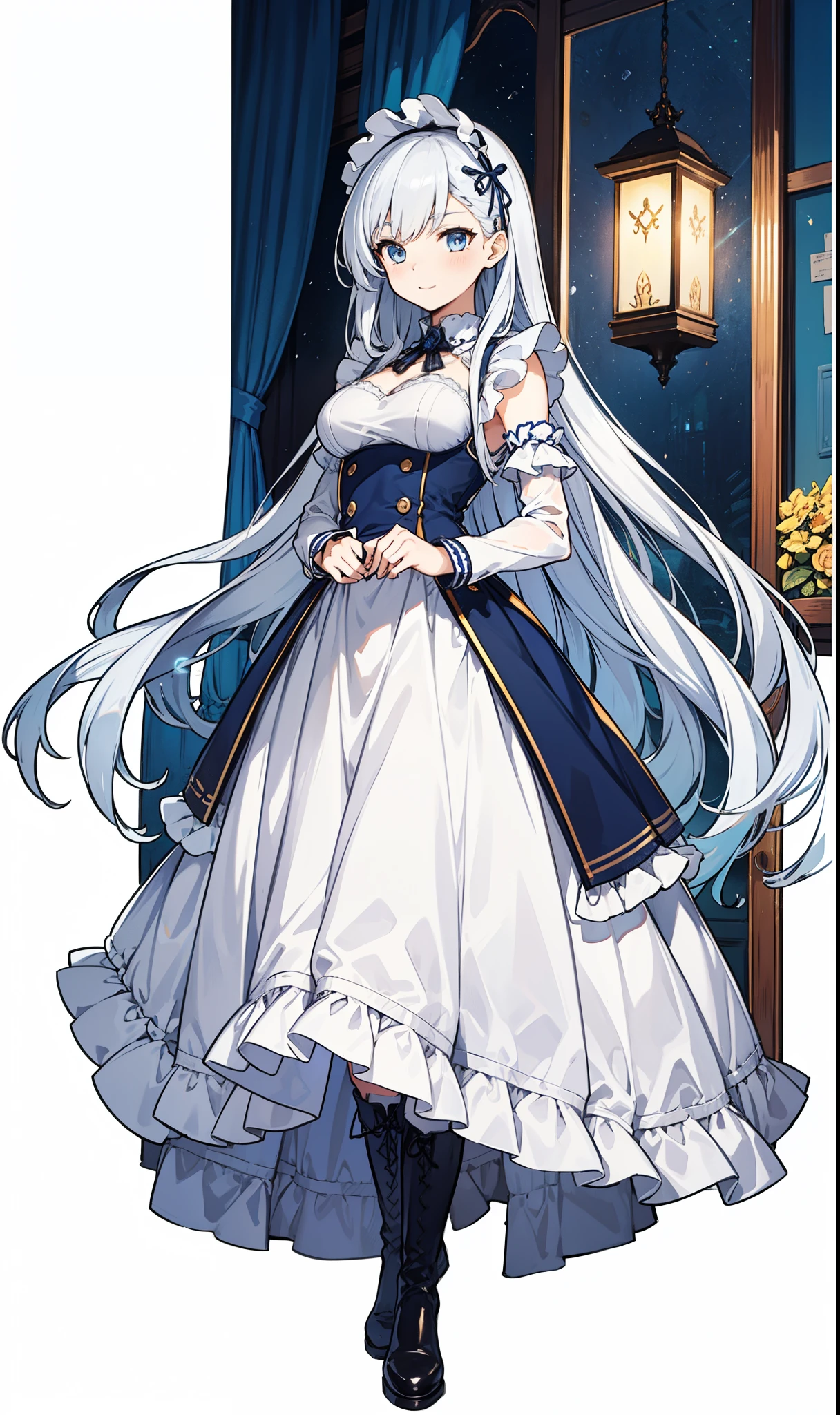 goddess，obsessed，have fun，in love，(White transparent maid uniform，With a long skirt)，Silver Hair，Blue Eyes，Transparent Clothes，Exquisite hair accessories，Transparent lace，Sky blue pattern，night，Dress nicely，bedroom，solitary，night，Engraved suspender boots，Beautiful face