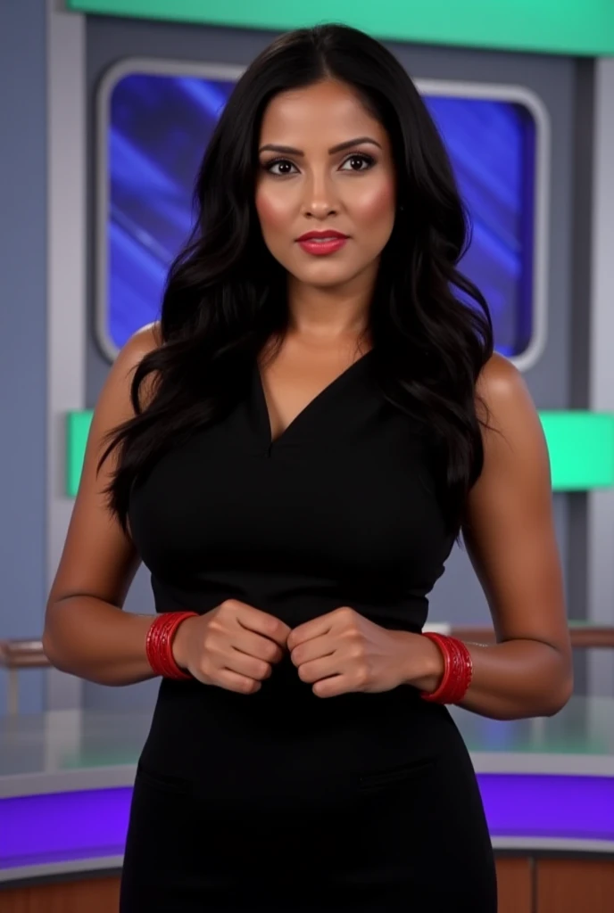 A portrait of a beautiful Indian news reporter with long hair, wearing a black business casual outfit and red bangles, standing in a news studio. Gentle soft light, vibrant complimentary colors, balanced tones, diffused shadows, and subtle illumination create a contrasting yet harmonious aesthetic with large breasts.
