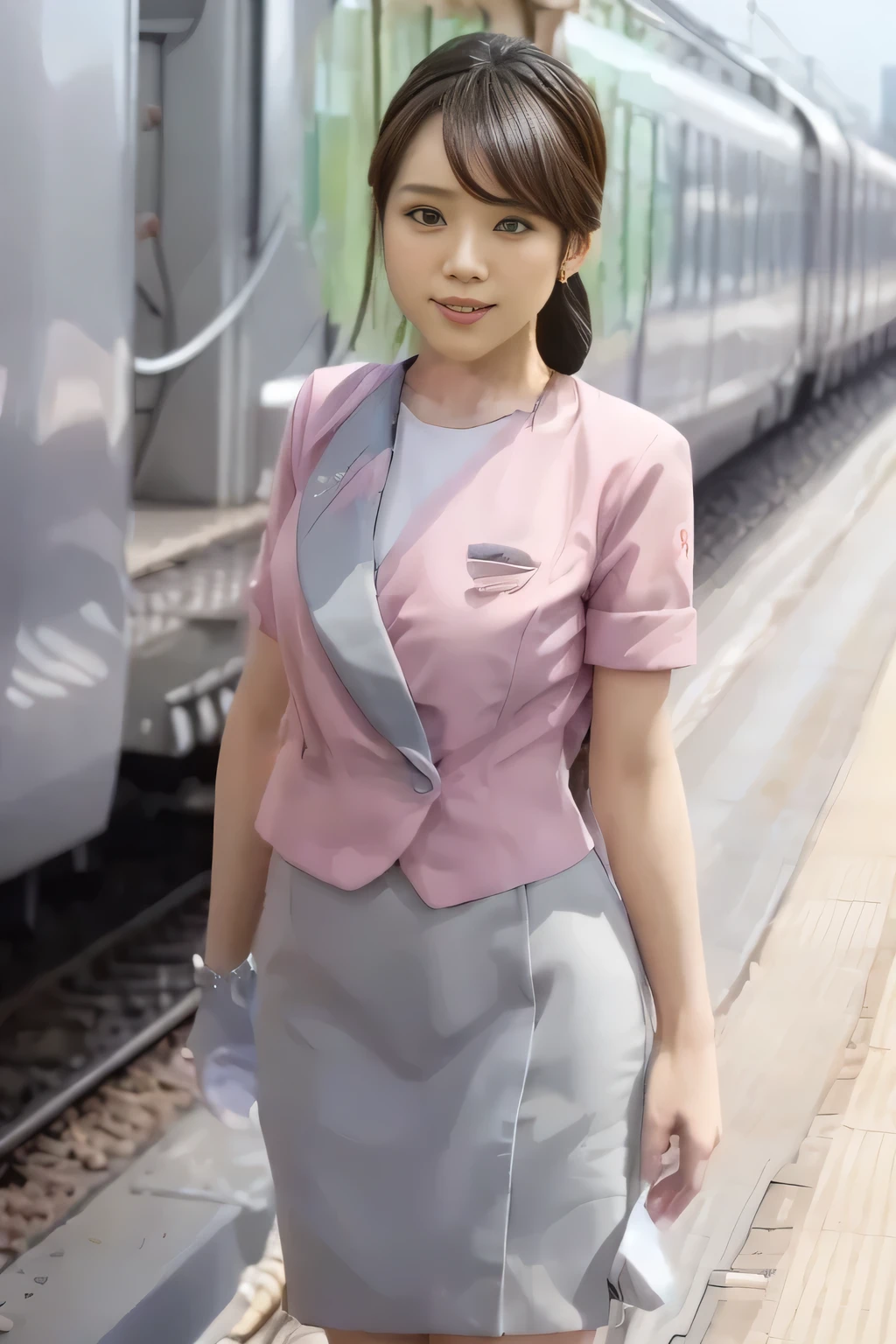 (Masterpiece:1.2, best quality :1.2), 32kHDR, there's nothing there, (Alone、 1 girl)、( daytime building rooftop 、 professional lights )、 against the roof of a building 、( Nankai train crew uniform pinkのリアルスタイル )、(( Nankai train crew uniform pink short sleeve jacket ))、((Nankai train crew uniform pink short sleeve collarless blouse ))、((Nankai train crew uniform pinkのグレーのラップキュロットスカート))、 dark brown hair 、( hair gathered、 hair bang、 hair bang)、 dark brown hair 、 long hit 、 Big Breasts、Thin legs、(( Amazing hands :2.0)),(( harmonious body proportions :1.5)),((Normal limbs:2.0)),((The usual :2.0)),(( Delicate eyes full of determination :2.0)),((Normal eyes:2.0)))、smile 、Hands crossed underneath