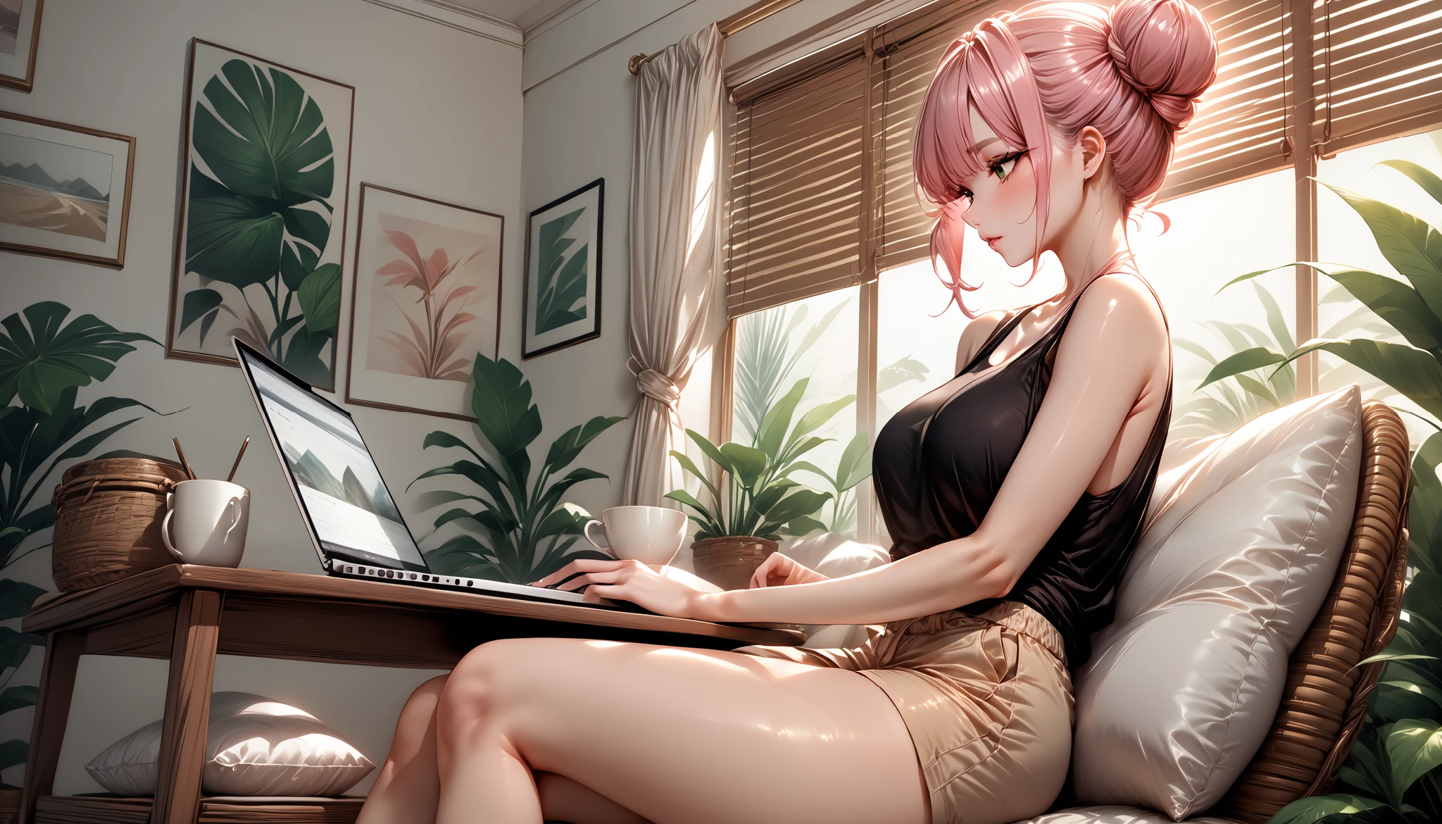 masterpiece, best quality, highres, A woman with pastel green and pink hair tied in a bun sits on a wicker armchair in a tropical-inspired living room, typing on her laptop. She wears a black tank top and beige shorts. The sunlight pours through large windows framed by bamboo blinds, highlighting the lush indoor plants and tropical prints on the pillows. A steaming cup of coffee sits on a nearby side table, adding a touch of warmth to the airy, vibrant space."