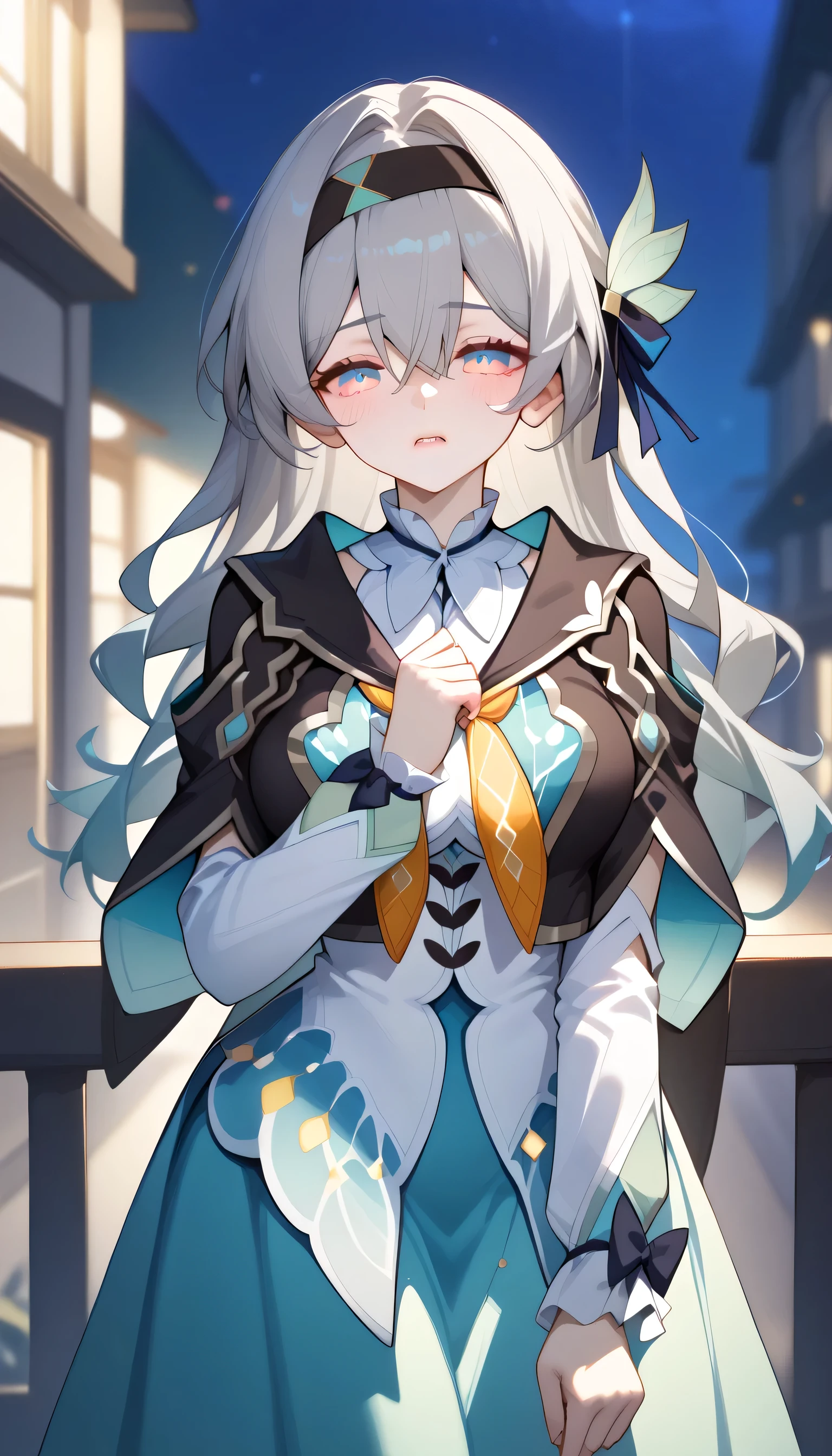 aahotaru , long hair, grey hair, black hairband, hair ornament, hair ribbon, breasts, black cape, dress, long sleeves, green skirt solo, can see his eyebrows from inside his hair, hair between eyes , Watch Viewers , masterpiece, top quality , very aesthetic, night view snows City lights Observation deck ,Big breasts(d), slightly stretch your lips, blushing, The whole face turns red, flashed strong emotions in the eyes, half-closed eyes (Monocular), The whole face turns red, Showing tiger teeth/Showing fangs, moan, Shy, syncope, Concerned,
