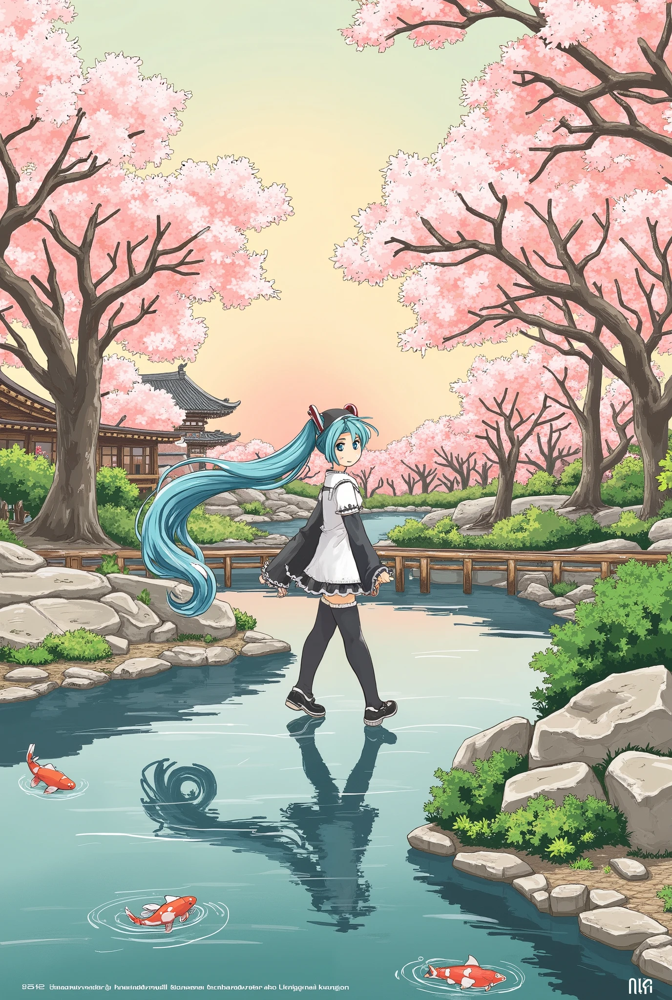 (Masterpiece、 top quality 、 top quality 、 Official Art、 beautiful beautiful:1.2)、(1 person:1.3) Hatsune Miku 、 Twin Tails, beautiful breasts, ( digital paint),( best quality ), Quiet Japanese garden, Cherry Blossoms in Full Bloom , Carp Pond, Pedestrian bridge, Pagoda, Ukiyo-e style, Hokusai inspiration, Devian Art Popular , 8K ultra-realistic , pastel color scheme, soft lighting , golden hour, Serene atmosphere, Landscape orientation