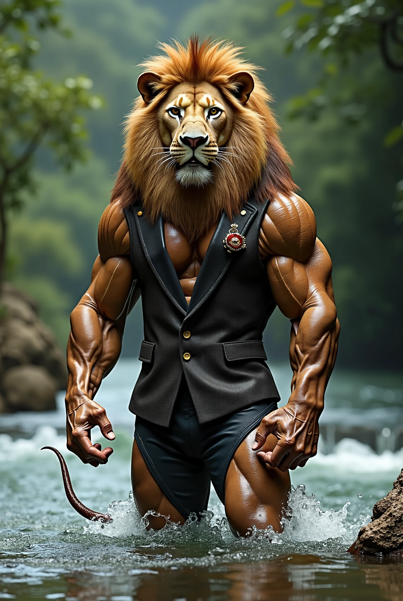 (best quality, highres, ultra-detailed), realistic, lion, male, long and blonde mane, blonde beard, green eyes, round and plump belly, chest harness, tight and form-fitting jockstrap, sexy pose, sexy gaze, alone, standing, terrace garden