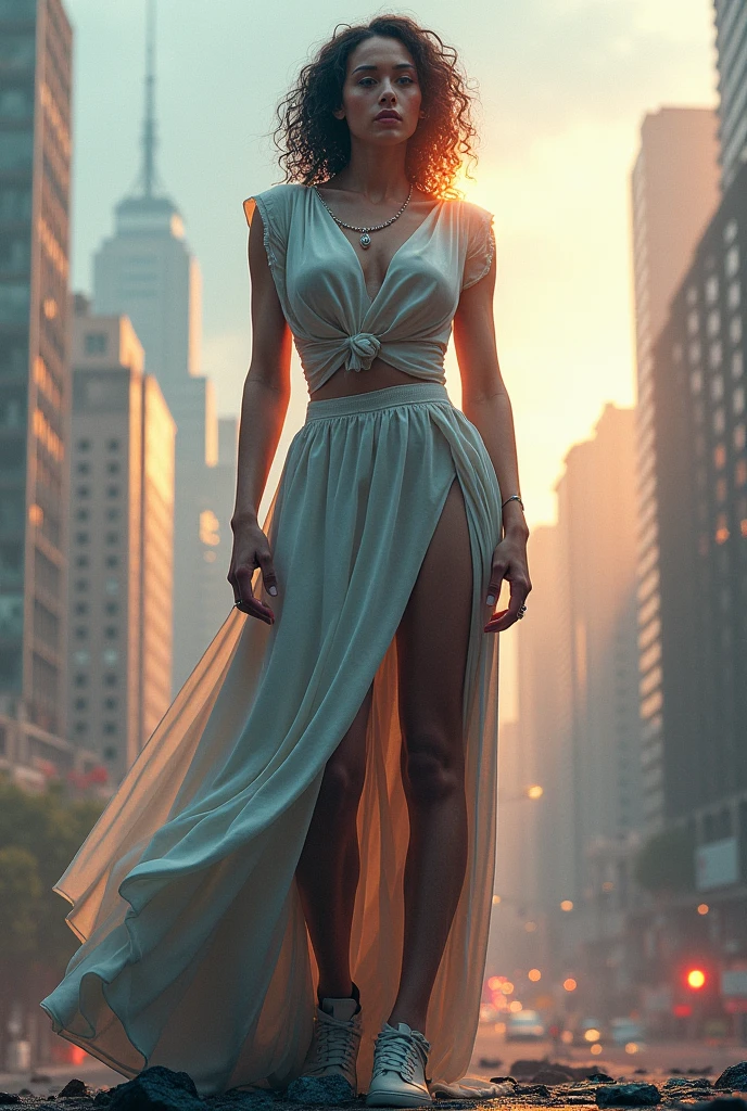 A woman with a wide stance and a swaying hip movement.