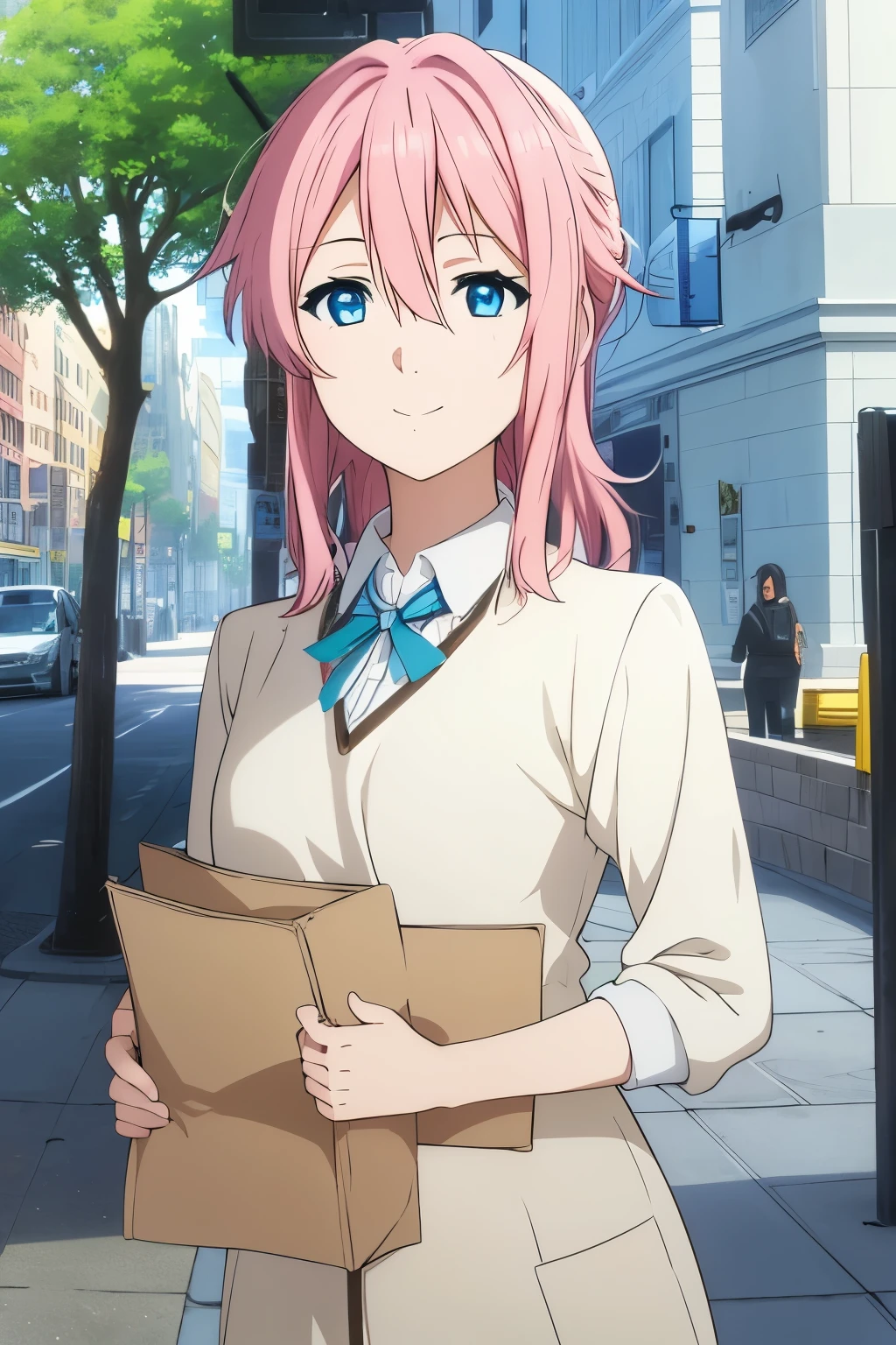 high quality, definition, light smile, a university student, pink hair, blue eyes, wears everyday clothes, has a simple manner but a mature personality, detailed, defined, character sheet full - len, Ficha de personagem em tamanho completo,