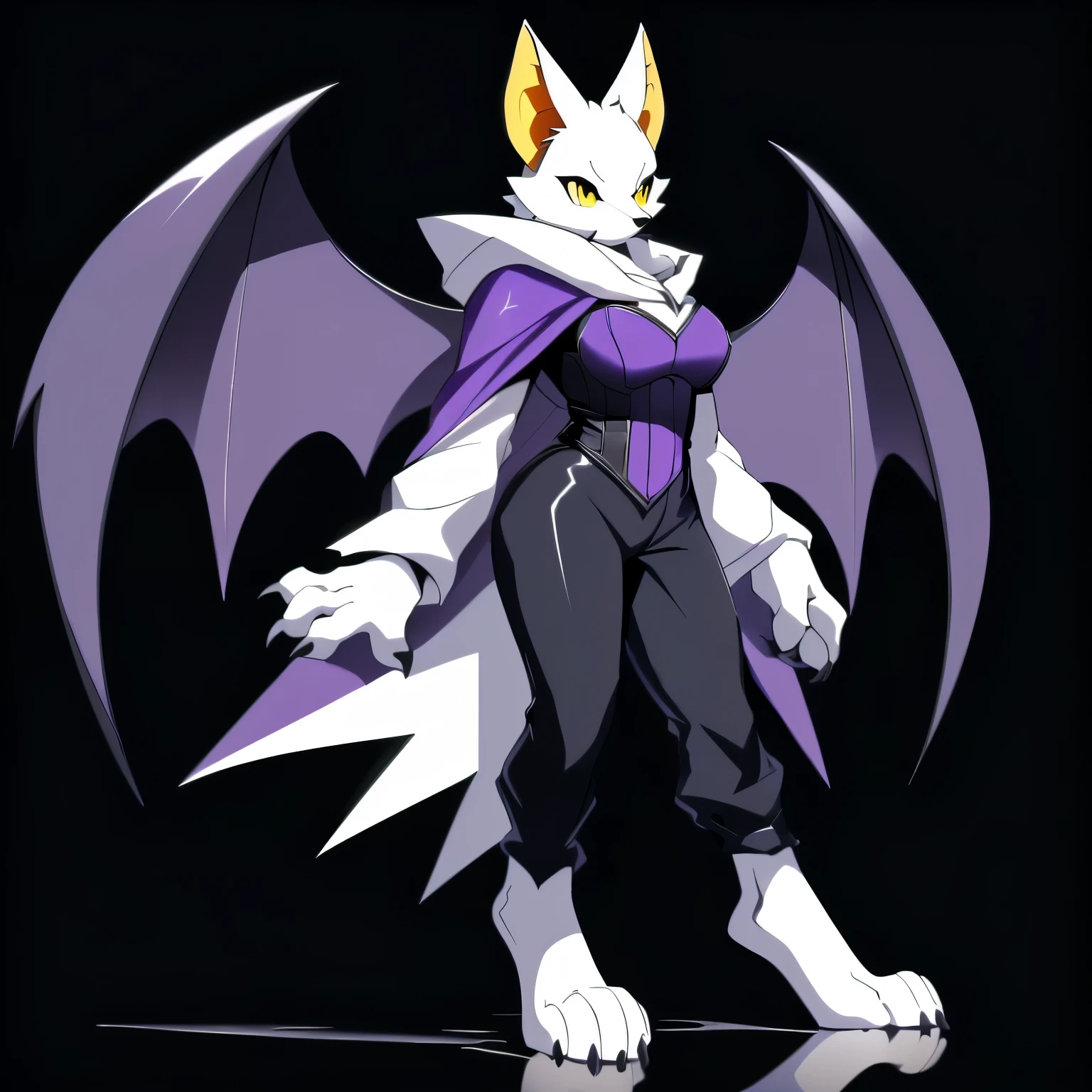 Anime, anime style, ((single person:2)), ((solo drawing:2)), ((solo:2)), ((three-quarter view)), ((Looking to the side)), ((female Anthro bat)), ((Tall figure)), ((buxom figure)), ((white skin)), clawed hands, ((clawed paws)), ((Single Pair of Wings)), ((Huge Bat Wings)), ((Purple Bat Wings:1.2)), white bat ears, ((wearing a black bustier)), ((white face)), ((neutral expression)), vivid yellow eyes, ((digitigrade legs)), ((digitigrade feet)), ((solid black background)), ((blank black background)), highly detailed anime style, clean lines, white face, short white muzzle, white furry cheeks, white furry muzzle, ((wearing black pants)), ((white paws)), ((wearing a full body cloak)) ((Wearing a black cloak))