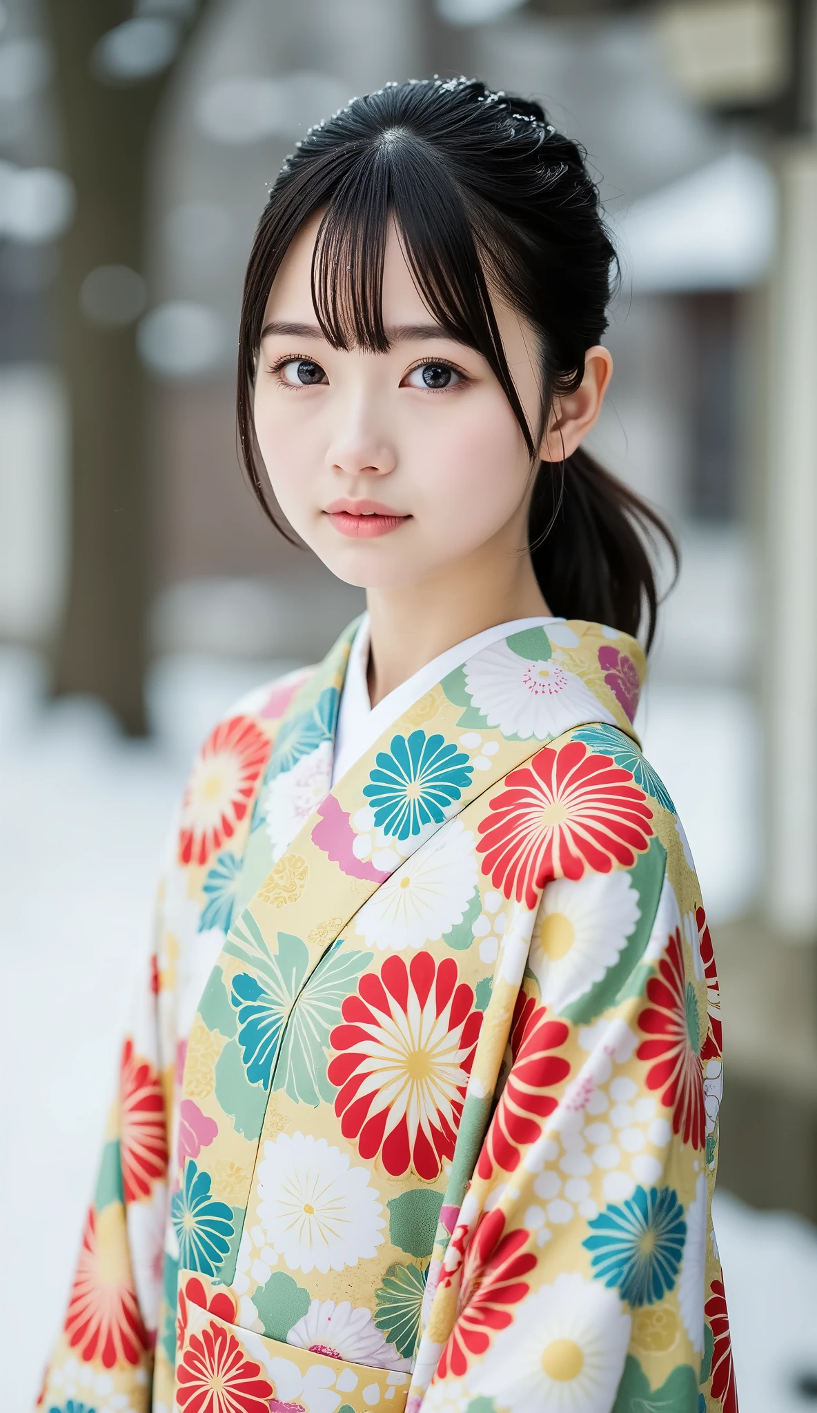 (Masterpiece,  best quality :1.2),  1 GIRL, Alone,  little chest,  coming-of- ceremony photos ,  kimono, Long-sleeved kimono, Clear posture, Healthy Photos,  snowy shrine ,  Snow Scenery , Winter protection measures ,  very cute girl, 