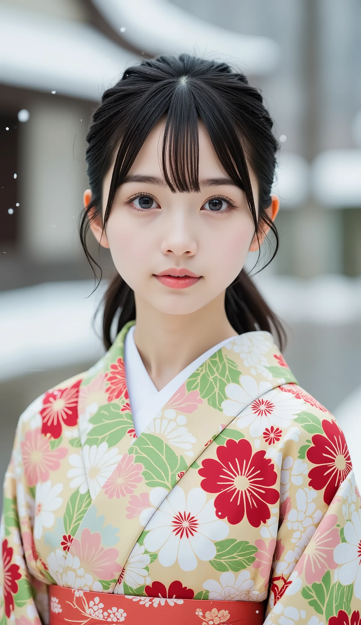 (Masterpiece,  best quality :1.2),  1 GIRL, Alone,  little chest,  coming-of- ceremony photos ,  kimono, Long-sleeved kimono, Clear posture, Healthy Photos,  snowy shrine ,  Snow Scenery , Winter protection measures ,  very cute girl, 