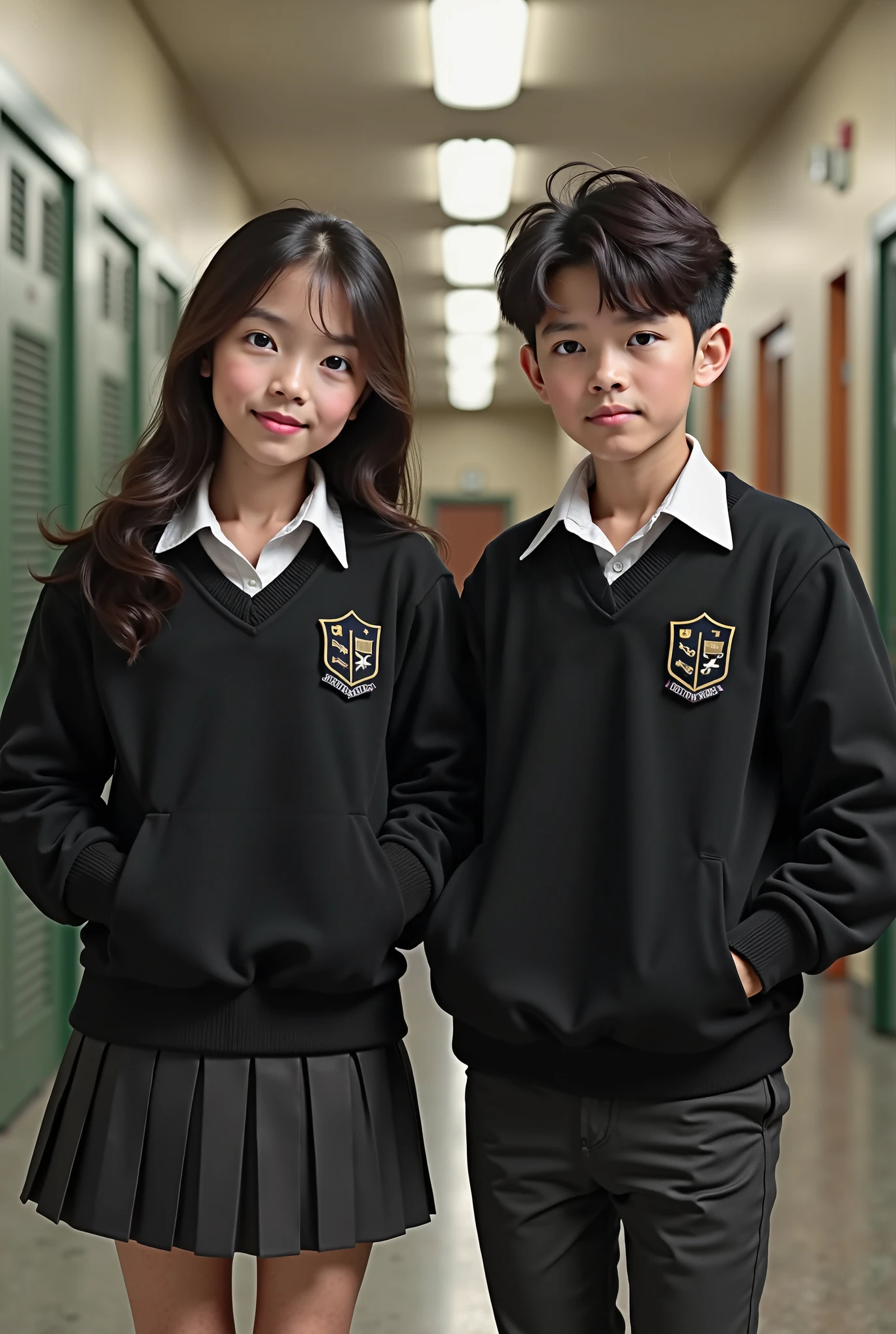 female and male students wear school uniforms. Full body