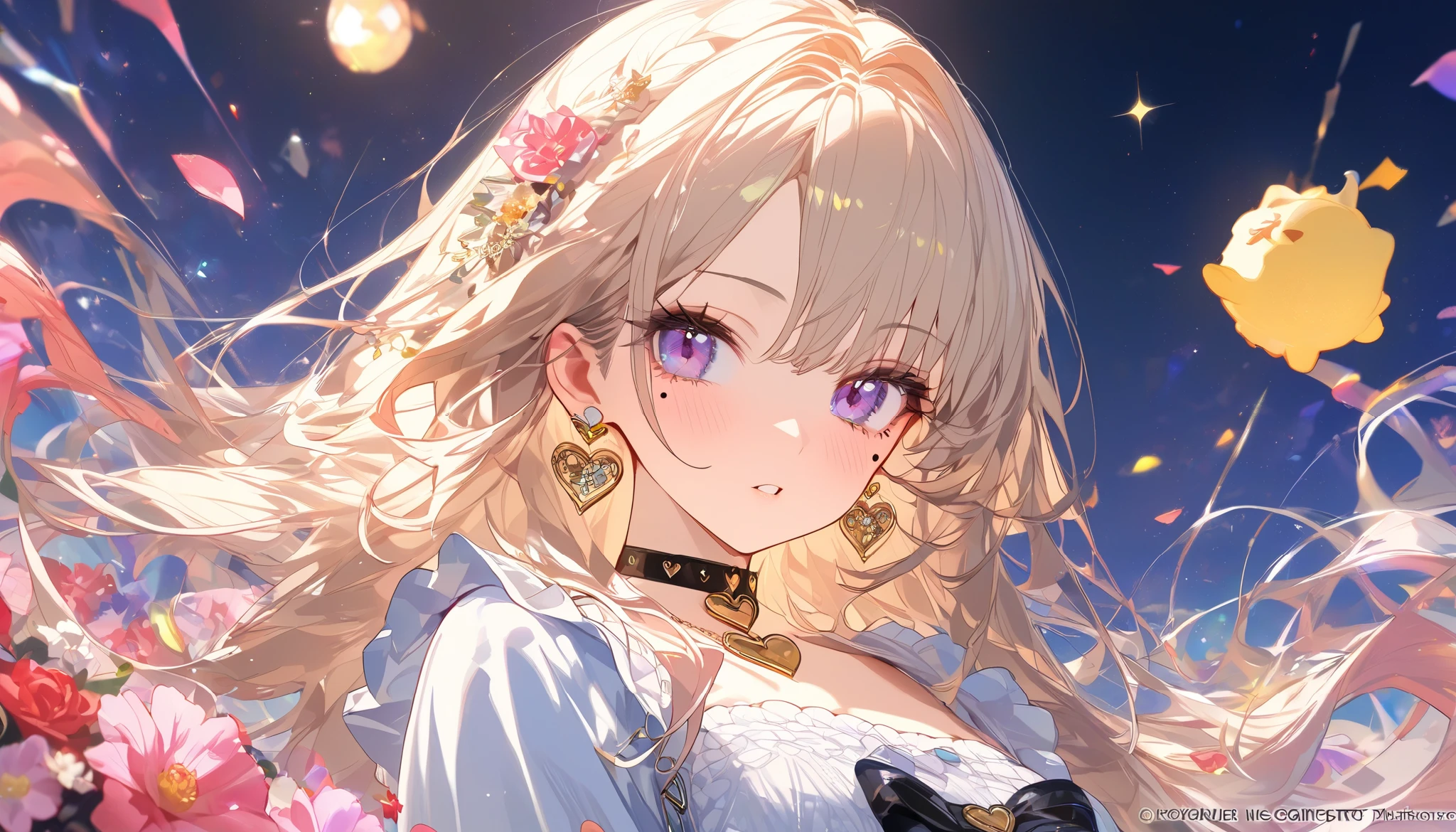 ,beautiful flower々）,mole under eye, heart shaped choker, (masterpiece, highest quality), official art, beautiful and aesthetic: 1.2), (1 girl), very detailed, (geometry art: 1.3), colorful
