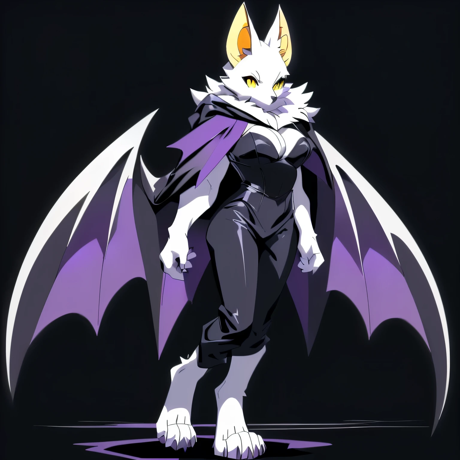 Anime, anime style, ((single person:2)), ((solo drawing:2)), ((solo:2)), ((three-quarter view)), ((Looking to the side)), ((female Anthro bat)), ((Tall figure)), ((buxom figure)), ((white skin)), clawed hands, ((clawed paws)), ((Single Pair of Wings)), ((Huge Bat Wings)), ((Purple Bat Wings:1.2)), white bat ears, ((wearing a black bustier)), ((white face)), ((neutral expression)), vivid yellow eyes, ((digitigrade legs)), ((digitigrade feet)), ((solid black background)), ((blank black background)), highly detailed anime style, clean lines, white face, short white muzzle, white furry cheeks, white furry muzzle, ((wearing black pants)), ((white paws)), ((wearing a full body cloak)) ((Wearing a black cloak))