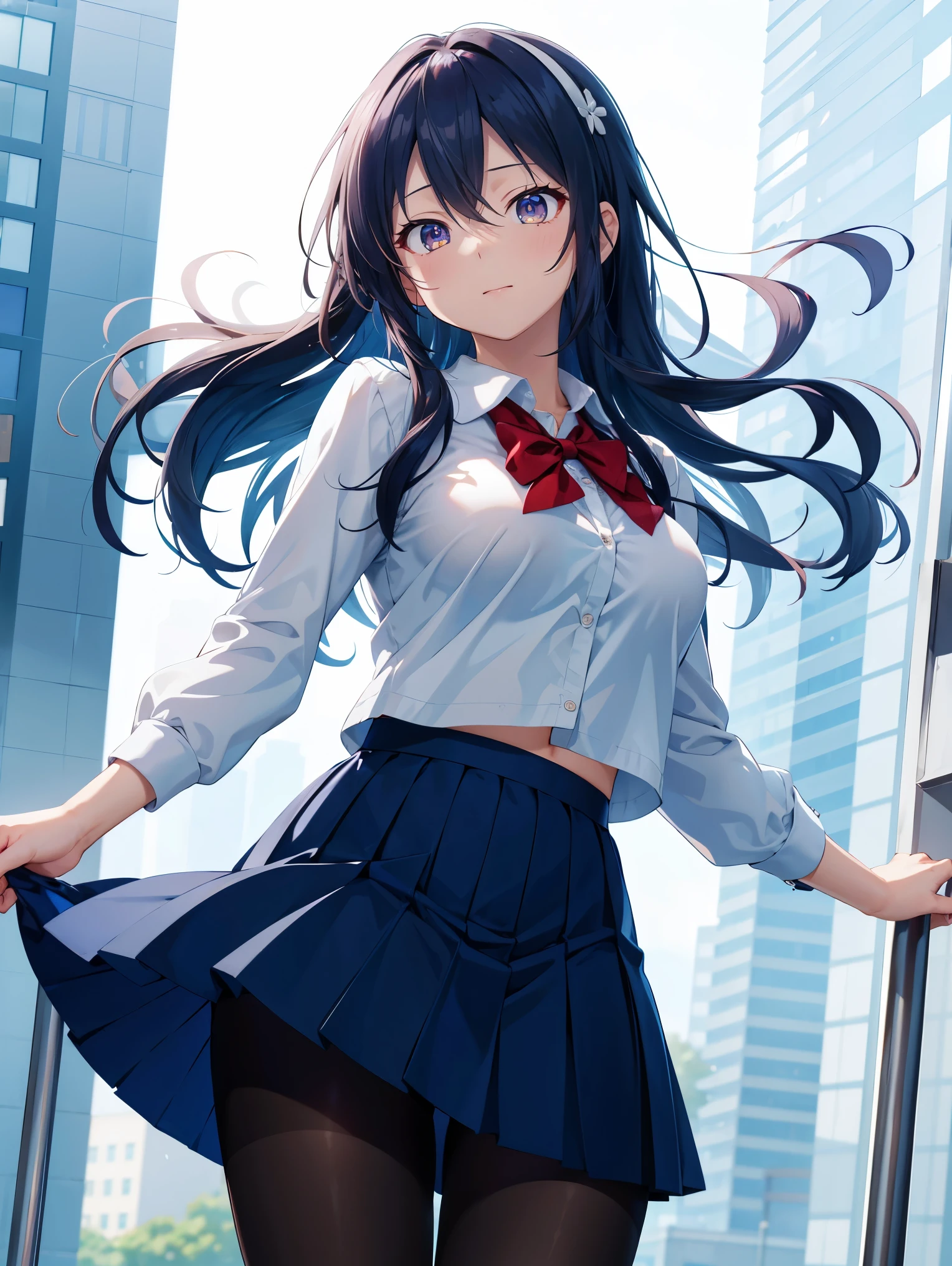 (1) Some women's skirts were blown up by the gusts of wind.. A woman is holding her skirt with her hand, but her panties are visible. her panties are white.
(2) women are wearing turtle knits, Mini skirt and long boots. she has long black hair.
(3) Her expression is a mixture of surprise and bewilderment..
(4) The location is a high-rise building during the day.. the wind is blowing hard.
