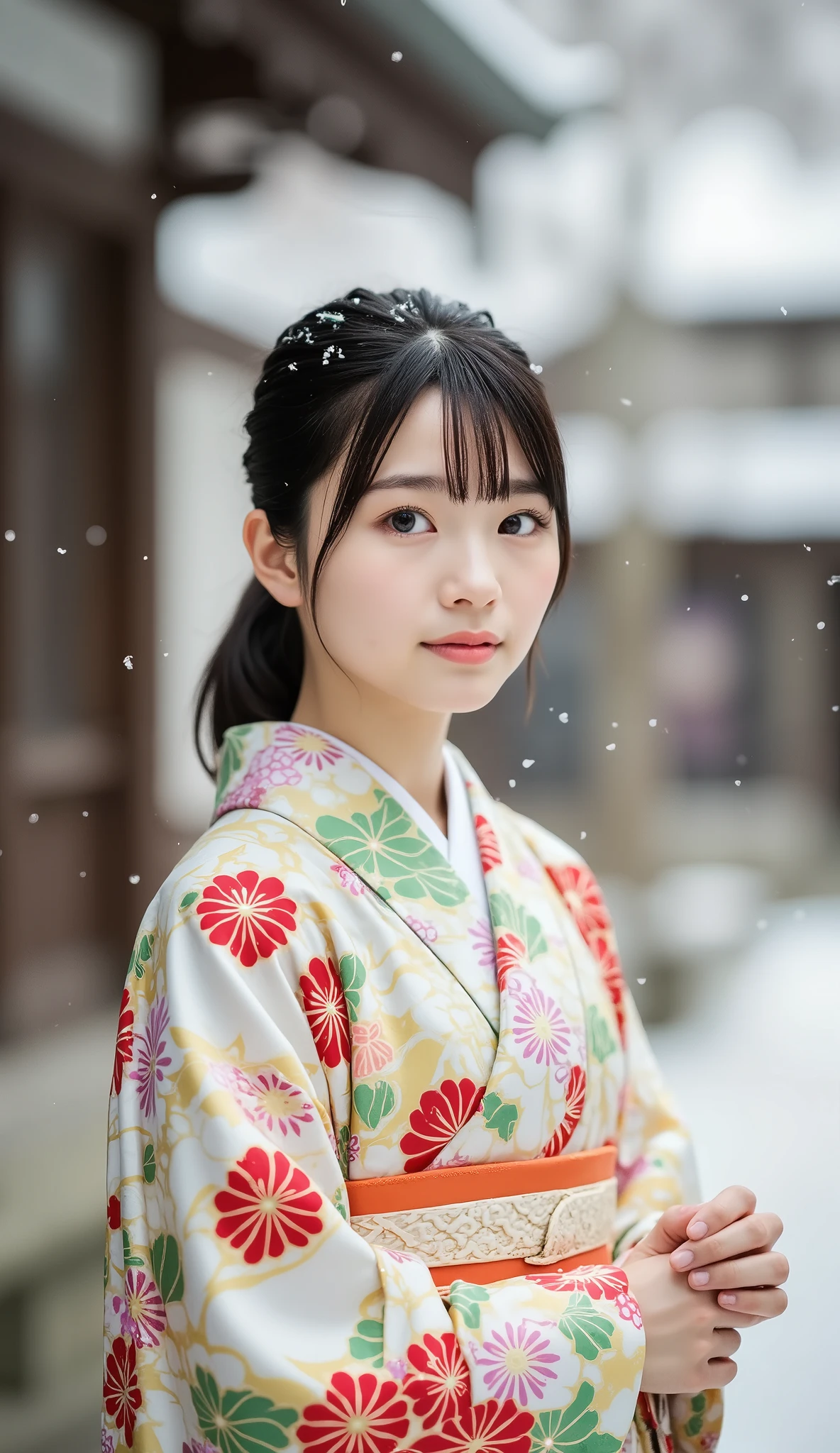 (Masterpiece,  best quality :1.2),  1 GIRL, Alone,  little chest,  coming-of-*** ceremony photos ,  kimono, Long-sleeved kimono, Clear posture, Healthy Photos,  snowy shrine ,  Snow Scenery , Winter protection measures ,  very cute girl,