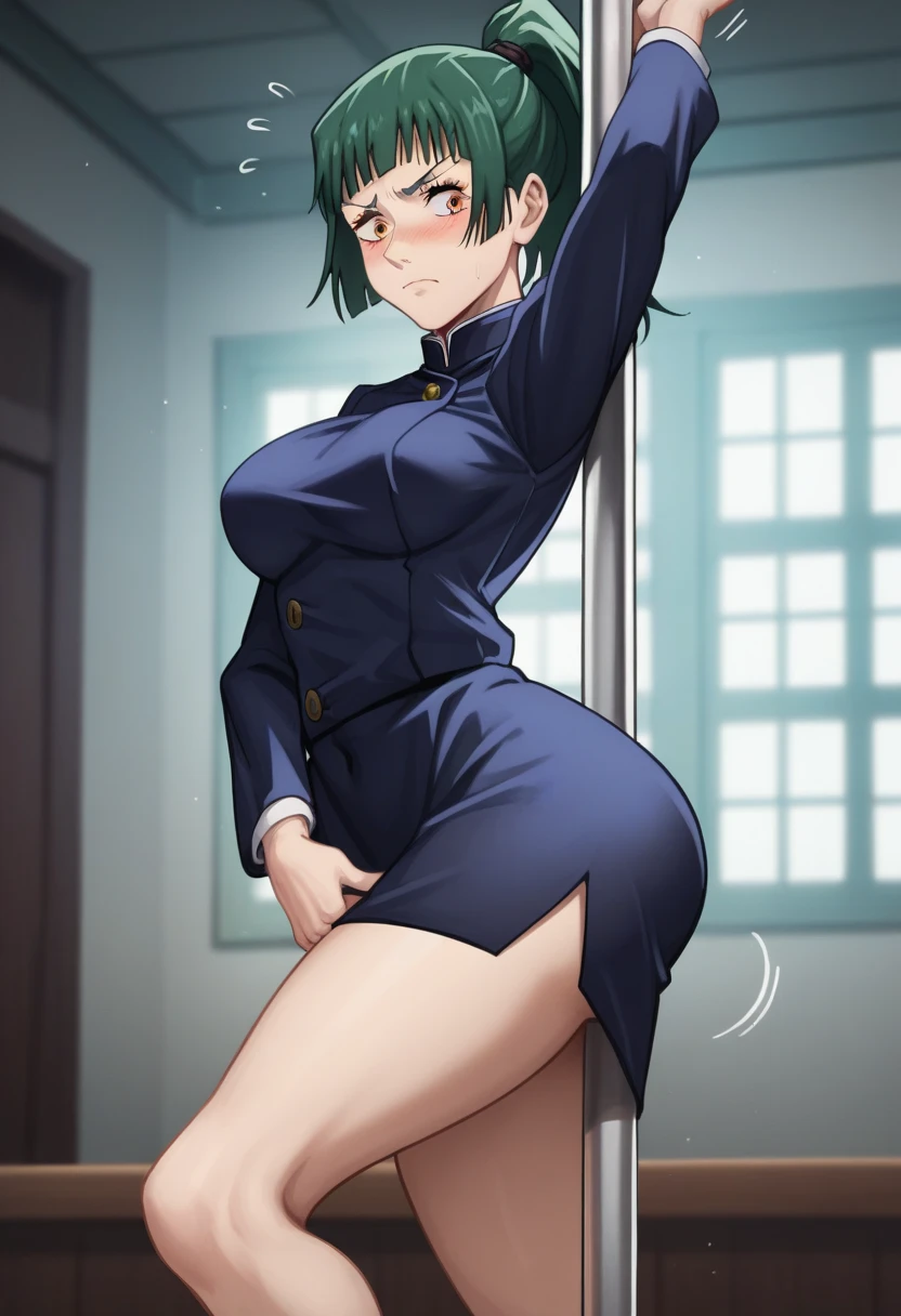 score_9, score_8_up, score_7_up, source_anime, best quality, clear face,1girl, Maki (jujutsu kaisen), green hair, orange eyes, medium hair,ponytail, large breasts, perfect body, looking at , cute embrassed,nervous,blush,wearing black shirt,miniskirt tight,view ,big tit,hot,r,motion lines,motioon lines,standing stretching ,big sexy thighs,sexy,curvy ass,hourglass body,sexy,sexy thighs,sexy,stretching legs,large hips,sexy pose,black tights, covering croth, in strip club,embrassed pose,next to a pole,pole,pole,leg up,upskirt