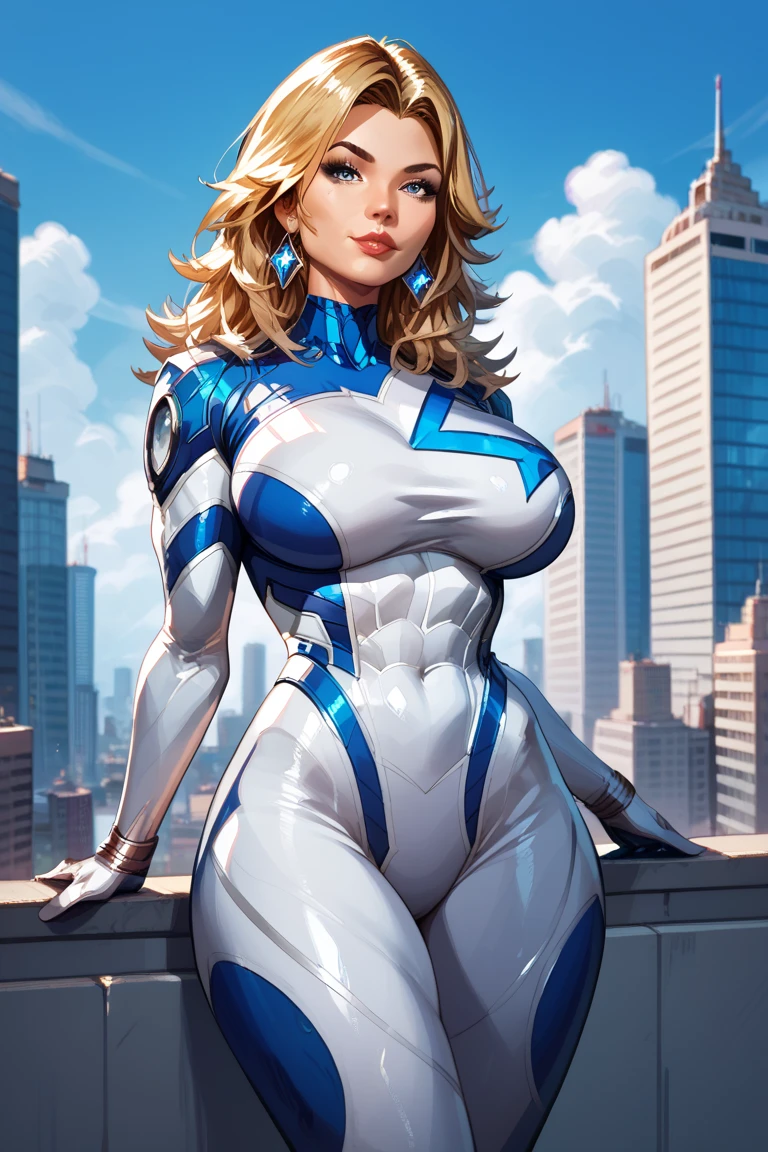 ((A woman/Ultraman/Giant/exhibitionist and Dinosaur/Gigant is by her side)), in a complete destroyed city, she's extremely beautiful/short flowing hair/huge breasts/staring at the viewer/smiling/doing multiple poses with her arms and legs, Anime style, Max resolution/quality/sharpness/detail.