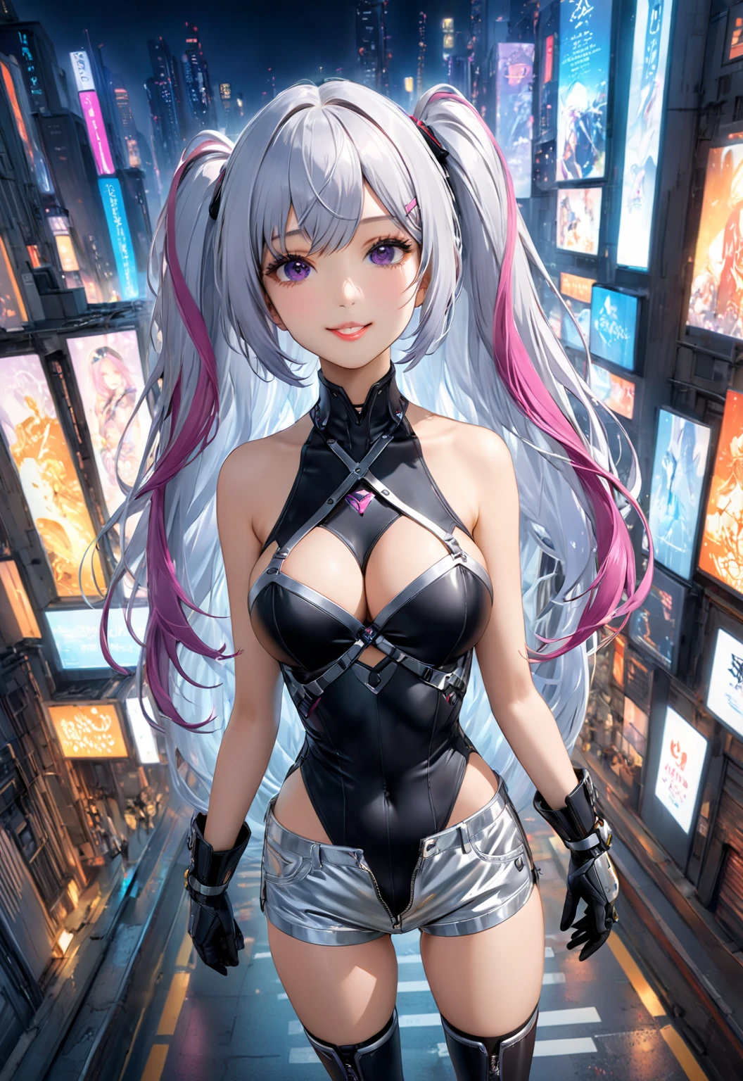 1 Girl, Solo, Colorful, purple Eyes, Cyberpunk, Mechanical Scrap Zone, Cityscape, Earrings, Long Messy White Hair, Mechanical Hat, Mechanical Body, Robotic Arm, Mecha, Robot, Mechanical Maiden, Neon Lights, Beautiful Lights, Character Focus, CG Illustration, Bust Shot, 8k Resolution, Very Detailed, Anatomically Correct, Digital Painting, Concept Art, Clear Picture. Monochrome. Purple lights. Black lights. (cleavage), (Teasing), (pov), (closer), (mischievous smile), (lusty expression), (pressing breasts), Futanari, cock, condom, bath, penthouse.