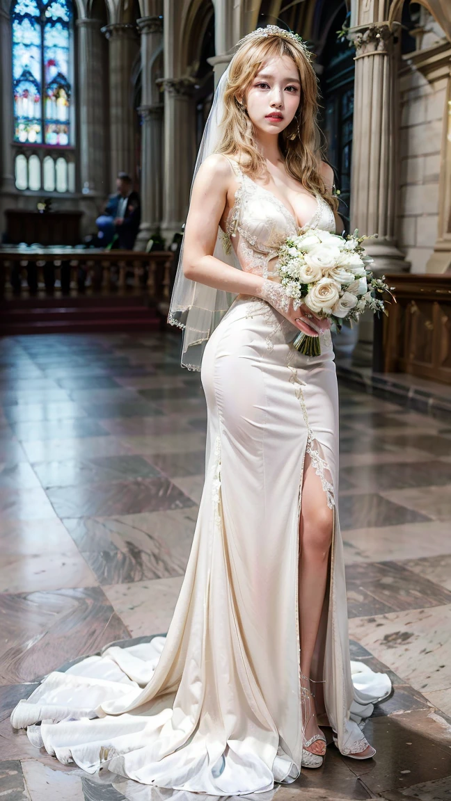 A beautiful young Japanese woman, 26 years old, with healthy thighs, beautiful legs, flawless skin, random hair color and style, large breasts, wearing a (wedding dress:1.3), (she is standing:1.2), full body shot, high heels, holding a bouquet in her hands, in a church setting, (best quality,8k, masterpiece:1.3), (extremely detailed:1.2), perfect anatomy