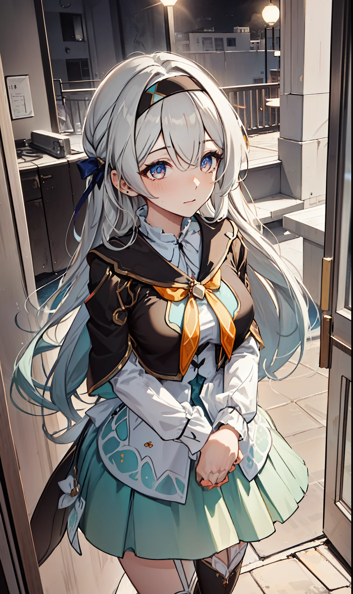 goddess，obsessed，  Have Fun  ，in love，( Transparent uniform， Wearing a long skirt )，Silver Hair，  transparent clothes ，Exquisite hair accessories，  transparent lace  ，Sky blue pattern，night，Dress nicely，Lonely，night，Long socks ，  a pretty face ，garter，kitchen，  transparent apron，inflatable toy  