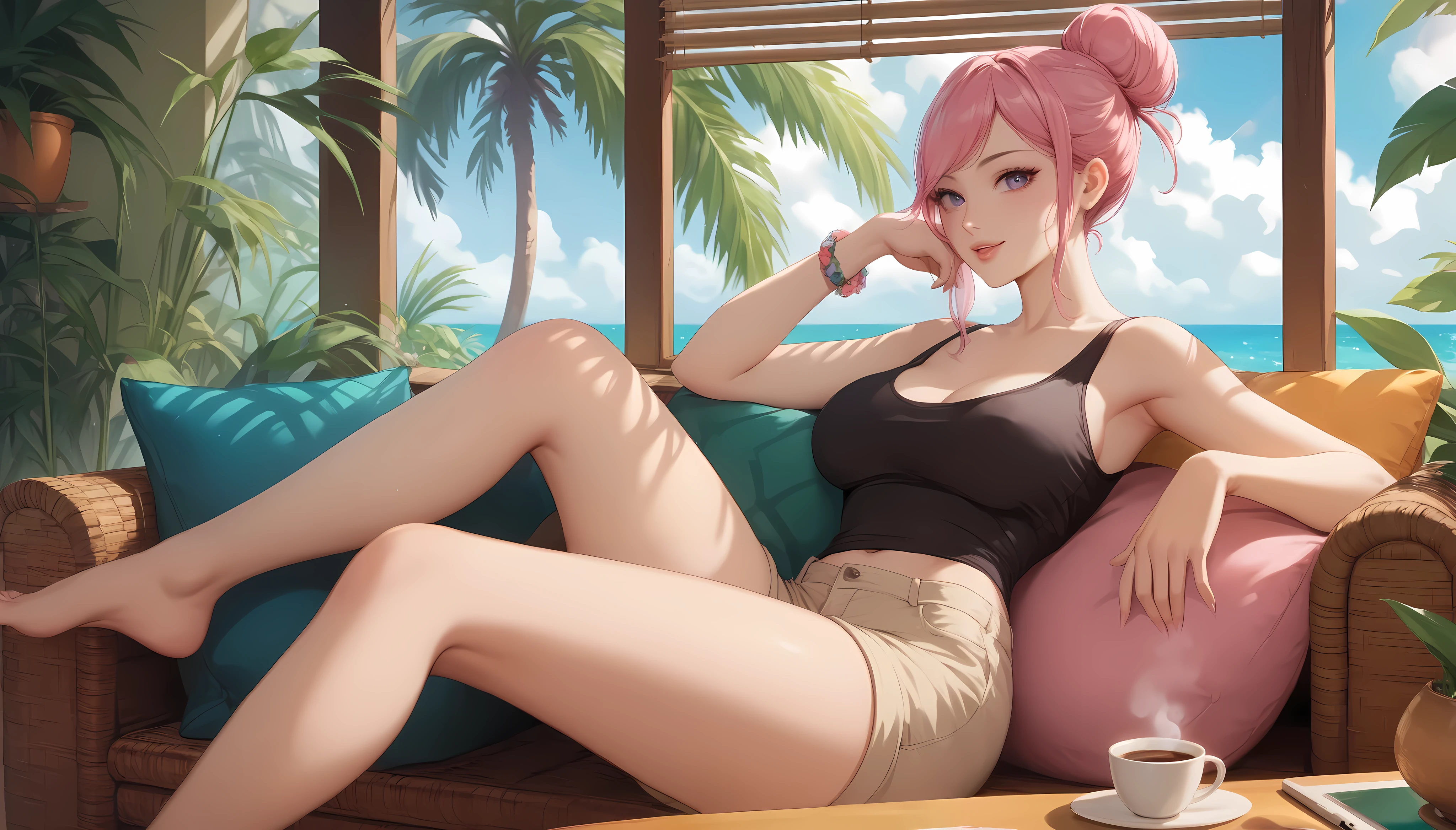 masterpiece, best quality, highres, woman with pastel green and pink hair tied in a bun sits on a wicker armchair in a tropical-inspired living room, typing on her laptop. She wears a black tank top and beige shorts. The sunlight pours through large windows framed by bamboo blinds, highlighting the lush indoor plants and tropical prints on the pillows. A steaming cup of coffee sits on a nearby side table, adding a touch of warmth to the airy, vibrant space."
