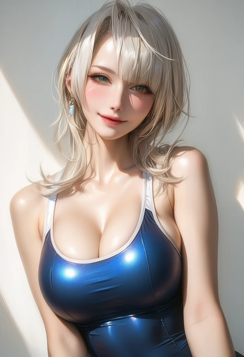 score_9, score_8_up, score_7_up, score_6_up, portraits, good anatomy, masterpiece, best quality, realistic, 1girl, beautifull eyes, beautifull face, detailed eyes and face, dynamic lighting, in the dark, deep shadow, low key, cowboy shot, closed mouth, (((school swimsuit))), ((large full breasts)), sitting, smile, closed mouth,
BREAK blonde white hair, hime cut hairstyle, pale porcelain white skin, blush