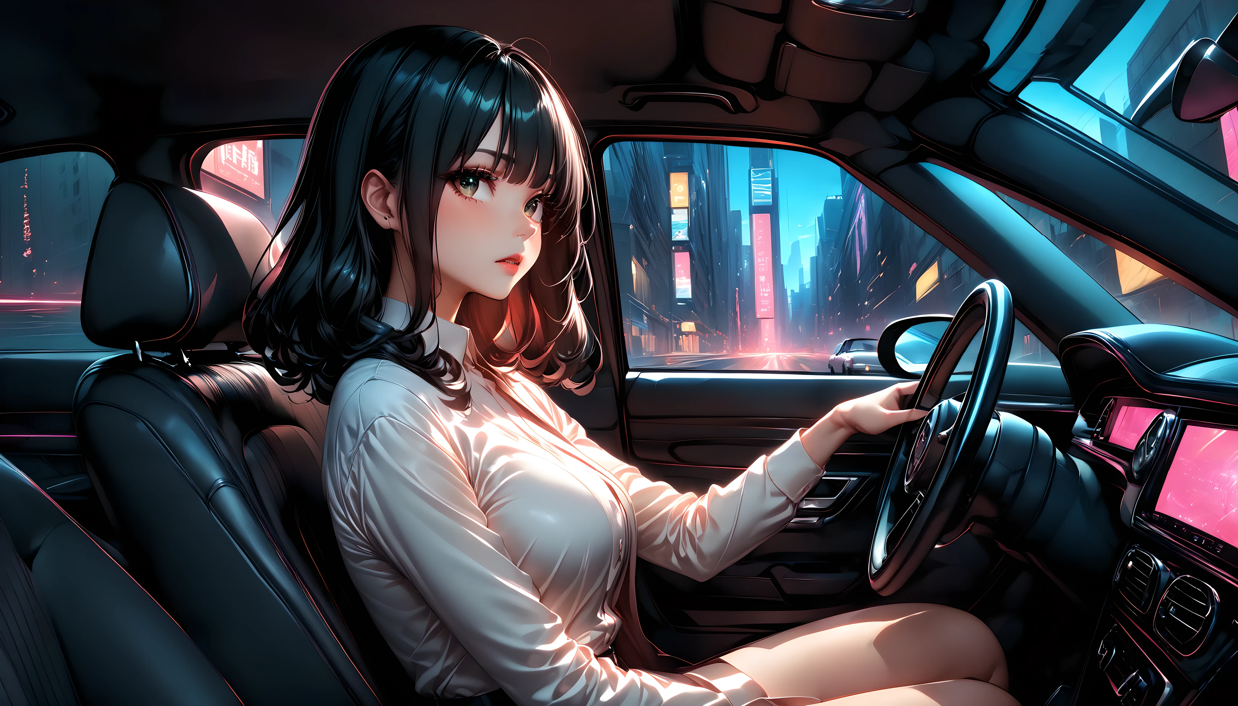"An anime-style illustration of a woman sitting inside a classic car, positioned in the driver's seat. She is wearing an elegant office outfit with a professional yet stylish look. Both hands are gripping the steering wheel as she drives through a vibrant cityscape, visible through the windows. The city outside is filled with glowing neon signs, high-rise buildings, and soft evening lights, creating a dynamic urban atmosphere. The character has a composed and determined expression, her posture matching the intensity of her focus. The interior of the car reflects vintage design details, complementing the overall aesthetic. The lighting is soft, with a balance of interior car shadows and the glow of the city outside."
