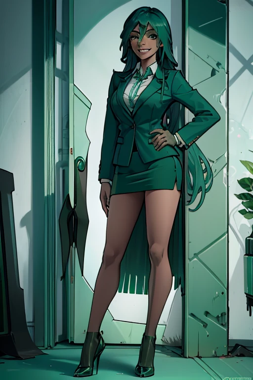 female, teal long hair, green eyes, (((1girl))), (((blue green business suit blazer))), (green shirt), (black pencil skirt), (teal heels), cute and sexy, full body, large breasts, long legs, smiling