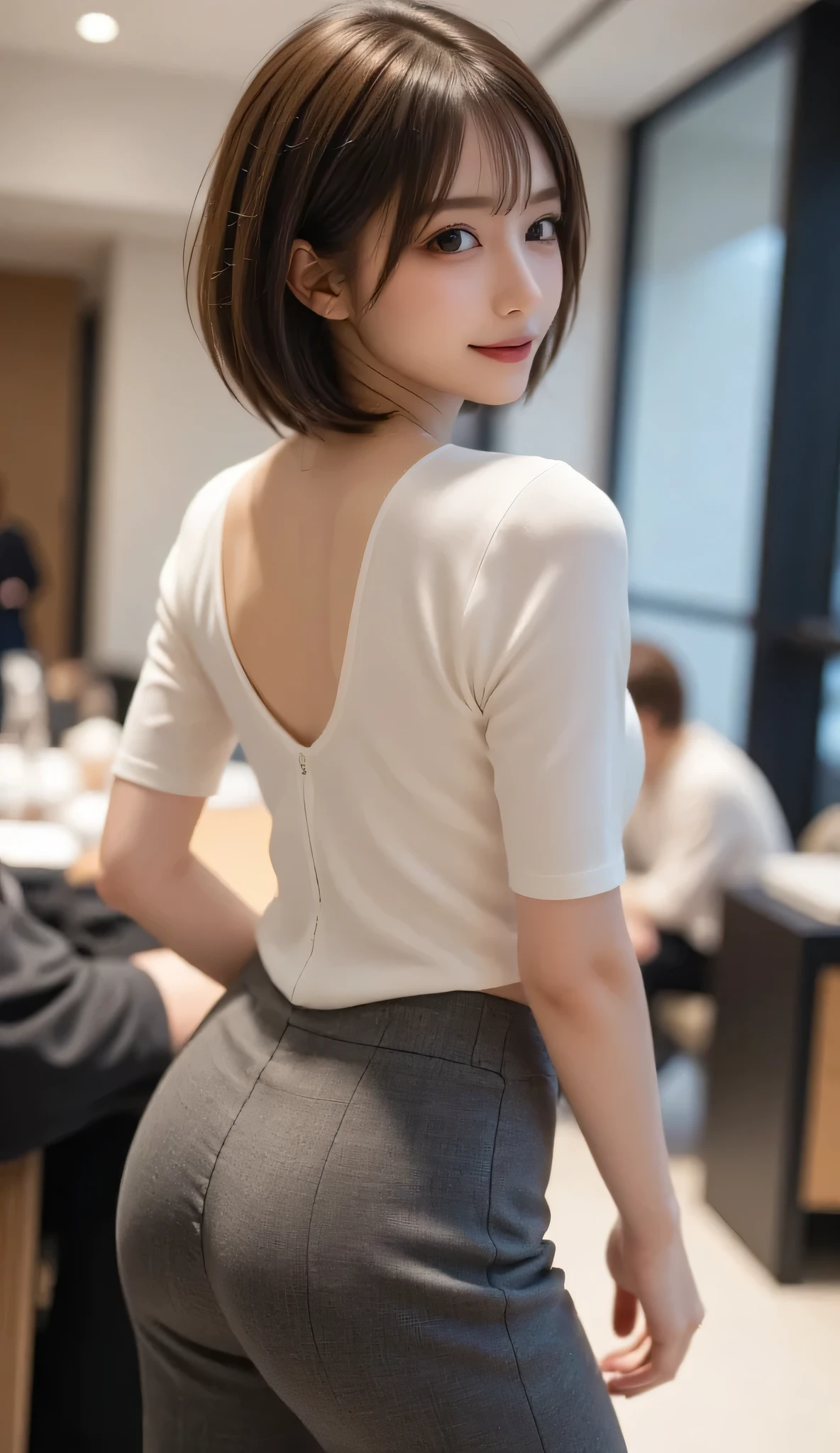 Kidnapped Woman、His hands are tied、((Place your hands behind your back))、((Place your hands together and cross them behind your back))、(((Her wrists are tied with rope)))、shibari、Beauty、20age、university student、(anatomicaly, Has two arms and two hands)、In a hotel room with the lights on、Stand by the window、Outside the window is the night sky、There are many stars、Wearing a short-sleeved blouse、Wear a high school student-style miniskirt、Uniform eyes、Proportioned proportions、Small breasts、Small face、(I can see from head to heel), Black Hair, bangs, swept bangs, Straight hair, Nervous, Messy Hair, Floating hair, Cinema Lighting, tachi-e, First-person view, throw, From behind, F/1.2, Nikon, Surrealism, 超High resolution, Highest quality, High resolution, 8k, Textured skin, anatomicaly正しい体,