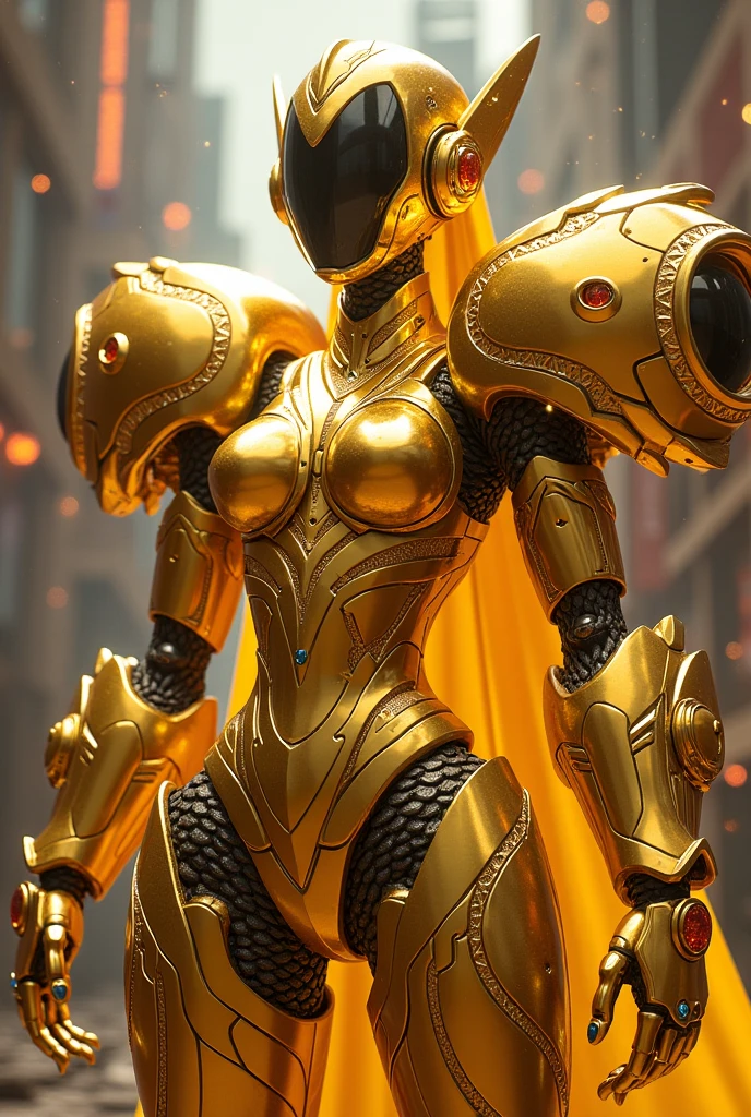 Yellow Power Ranger girl with shining armor covering face and body, hidden face with armor..remove hair..remove cape..NO CAPE