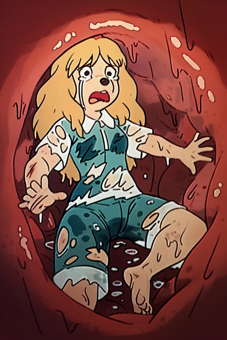 loud, kneeling, doggystyle sex, on all fours, blonde, blue top, bare shoulders, a night, tears, alley, from above