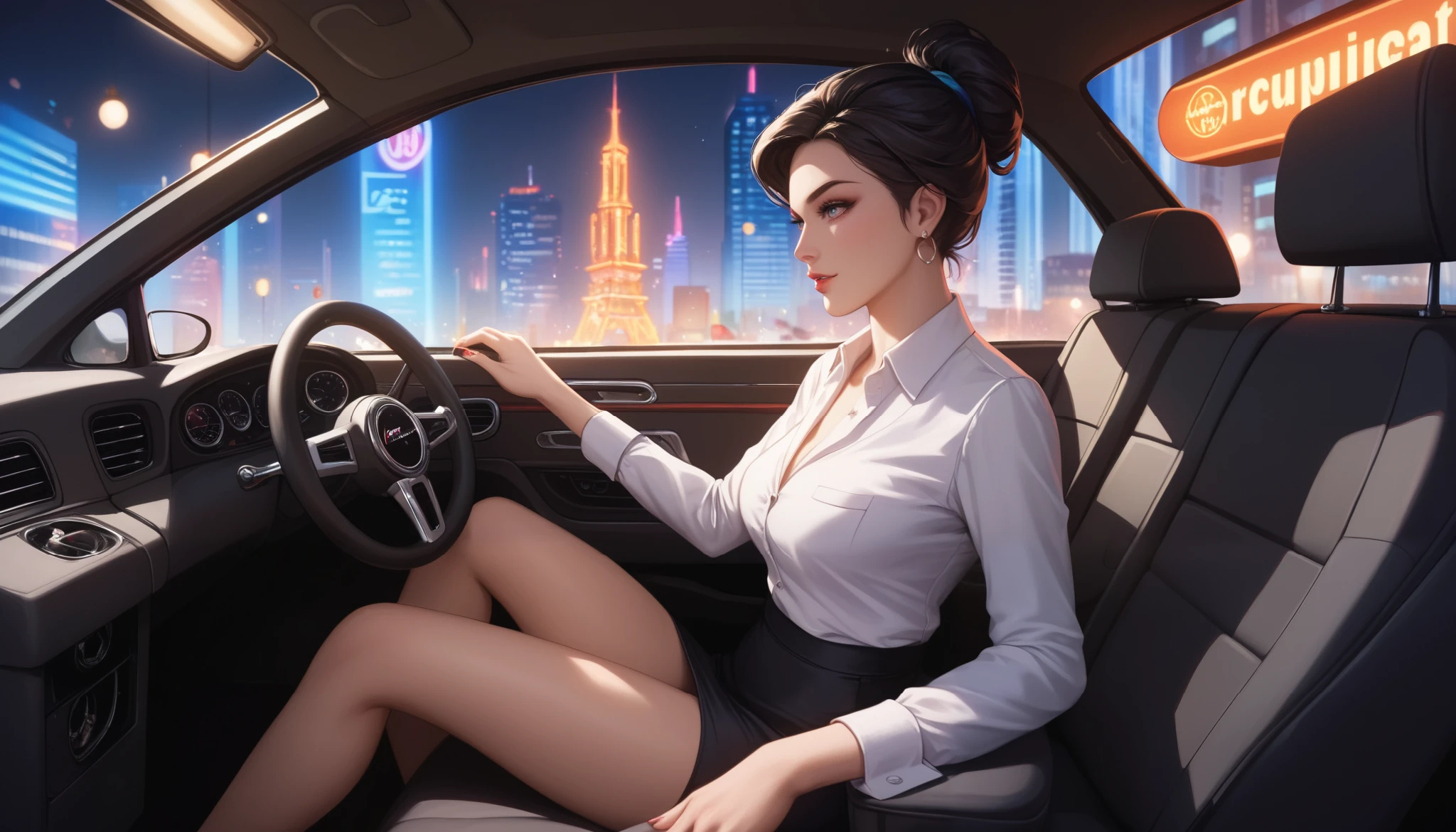 "An anime-style illustration of a woman sitting inside a classic car, positioned in the driver's seat. She is wearing an elegant office outfit with a professional yet stylish look. Both hands are gripping the steering wheel as she drives through a vibrant cityscape, visible through the windows. The city outside is filled with glowing neon signs, high-rise buildings, and soft evening lights, creating a dynamic urban atmosphere. The character has a composed and determined expression, her posture matching the intensity of her focus. The interior of the car reflects vintage design details, complementing the overall aesthetic. The lighting is soft, with a balance of interior car shadows and the glow of the city outside."
