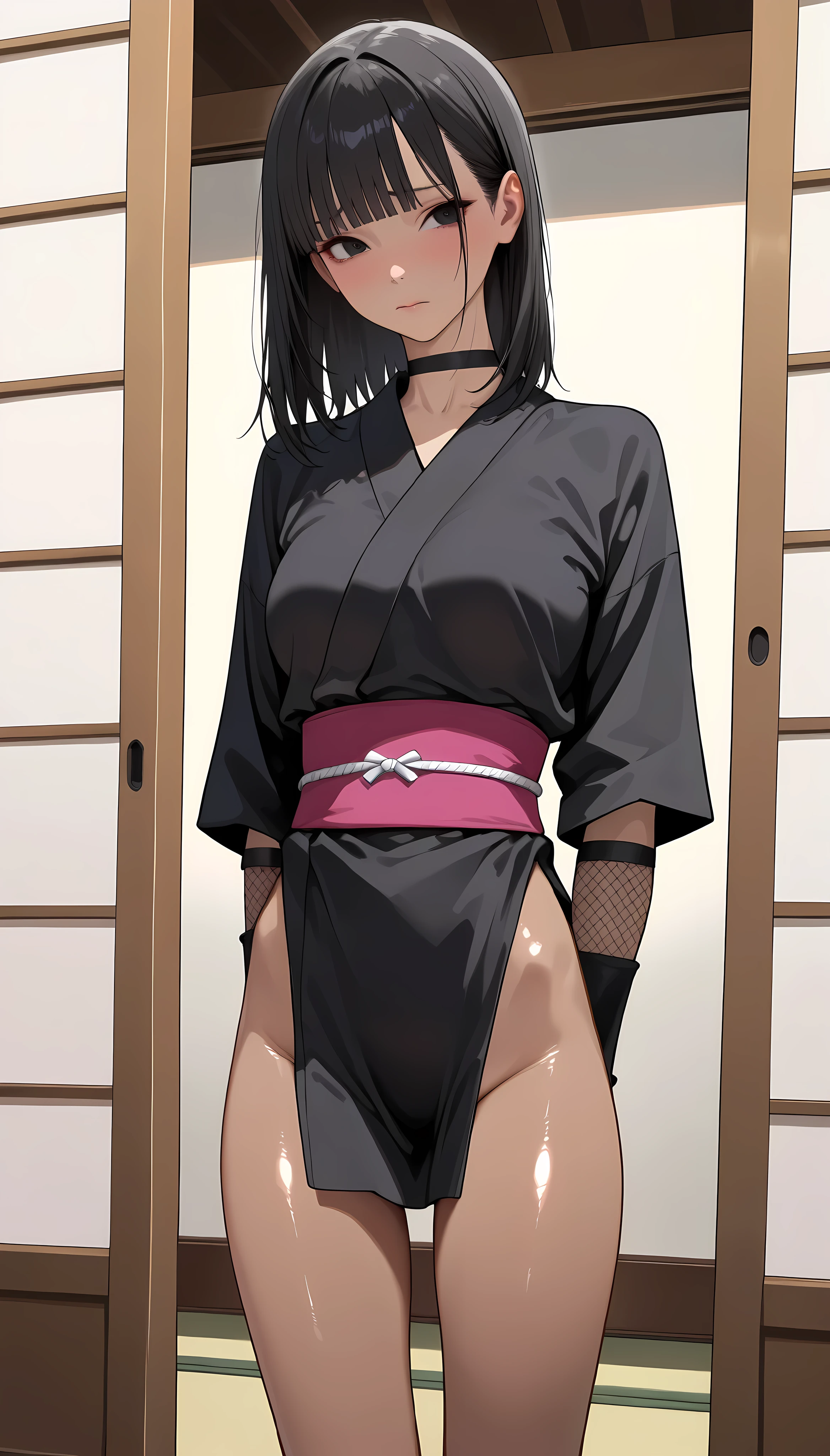 ((best quality)), ((masterpiece)), (detailed), (high resolution), perfect face, 1 Women, (violet slit eyes:1.3), (long black hair), Straight across bangs, (grown-up face:1.4), parted lips, A little big breasts, (naked towel:1.2), (holding towel:1.2), (towel on leg), lower body, (leaning forward:1.3), (molest), Stimulating, (Embarrassed face), (orgasm:1.2), (anime coloring:1.1), Stimulating, (Yamashiro Ren), Mato Seihei no Slave, looking at viewer, a red hair ribbon, 2d, illustration, from behind, open towel,