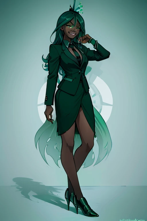 female, teal long hair, green eyes, black skin (((1girl))), (((blue green business suit blazer))), (green dress shirt), (black necktie), (black pencil skirt), (teal heels), cute and sexy, full body, large breasts, long legs, smiling