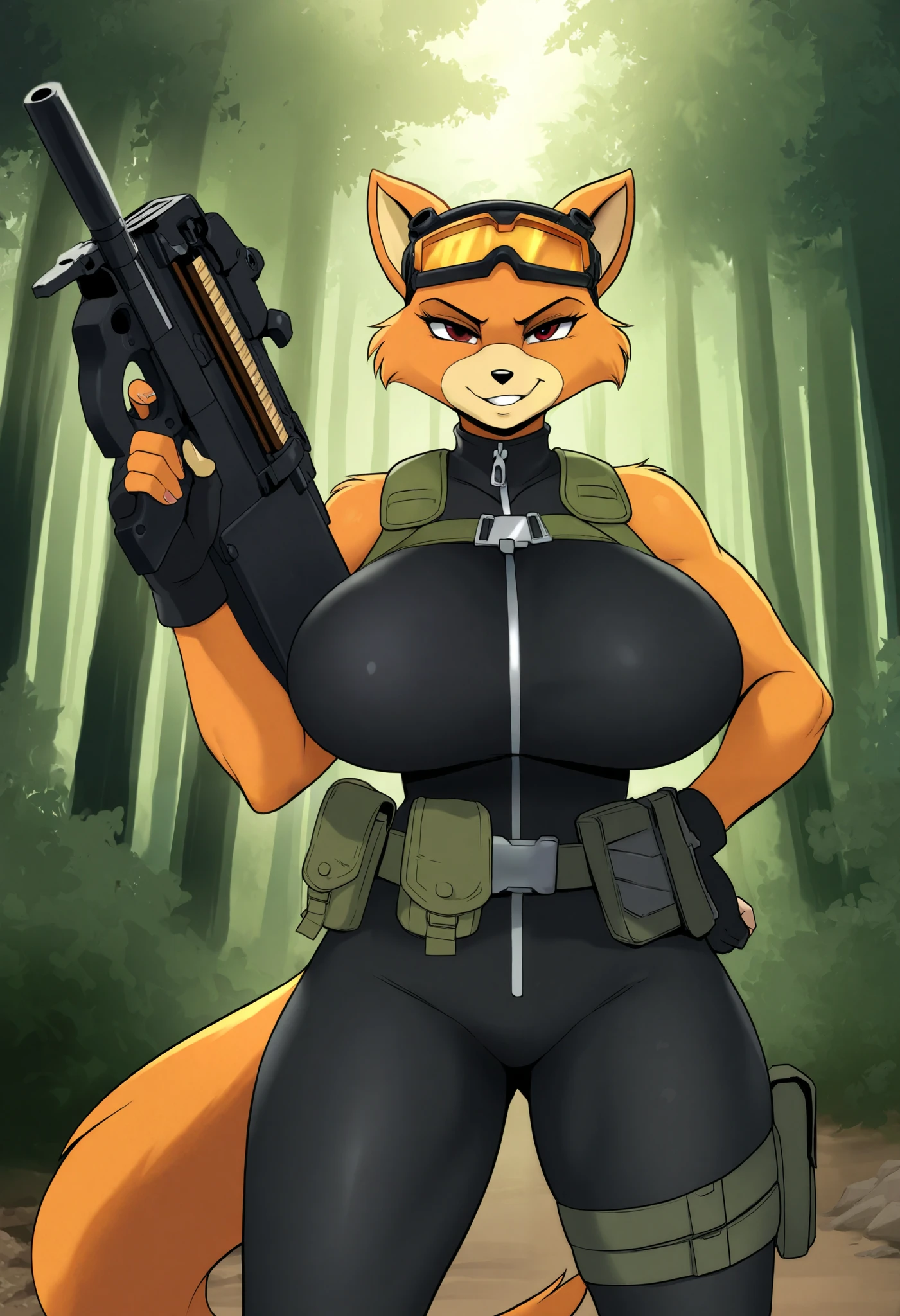 score_8, score_9, break, Alone, daxter, goggles, furry , fingerless gloves, Tail, standing, smirking , forest, huge breasts,Hold a machine gun,machine gun(p90)