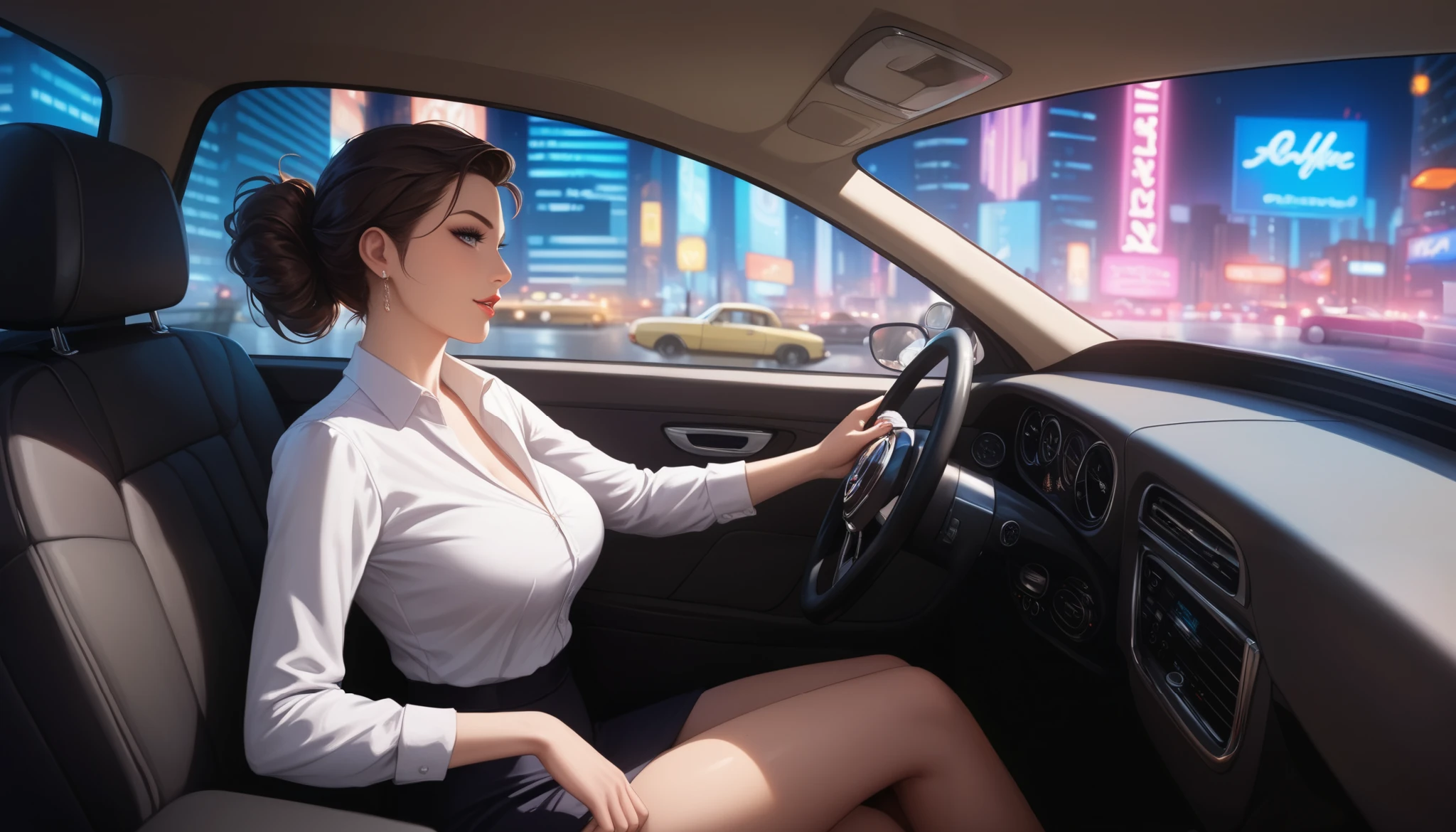 "An anime-style illustration of a woman sitting inside a classic car, positioned in the driver's seat. She is wearing an Dresscode office outfit with a professional yet stylish look. Both hands are gripping the steering wheel as she drives through a vibrant cityscape, visible through the windows. The city outside is filled with glowing neon signs, high-rise buildings, and soft evening lights, creating a dynamic urban atmosphere. The character has a composed and determined expression, her posture matching the intensity of her focus. The interior of the car reflects vintage design details, complementing the overall aesthetic. The lighting is soft, with a balance of interior car shadows and the glow of the city outside."
