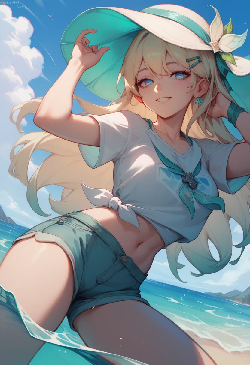 a woman with long whity blonde hair with cyan gradiant locks in down, cyan eyes, and a Green dragonfly hair clip, light smile, wearning a long White shirt and long shorts, is in a Beach at Sun day posing.