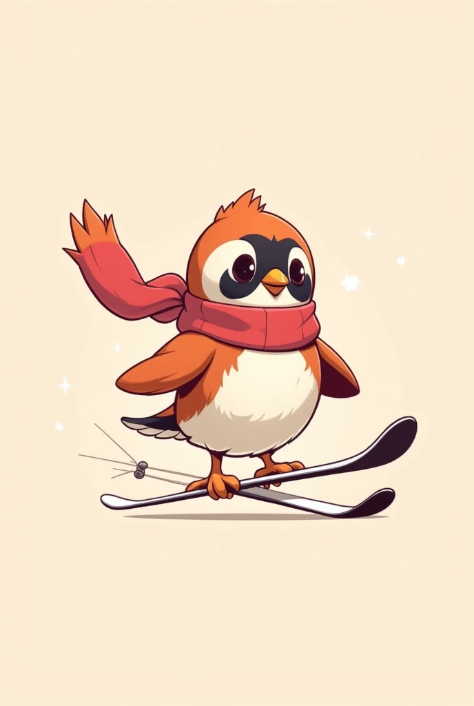 Winter sports mascot .  Minimalism mascot styling. Cartoon bullfinch. Ski bullfinch with a scarf. Simple mascot without background . The bullfinch is skiing.  cartoon