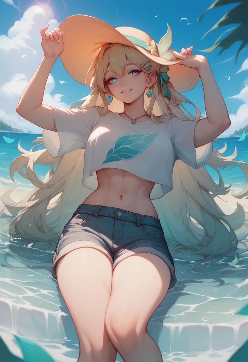 a woman with long whity blonde hair with cyan gradiant locks in down, cyan eyes, and a Green dragonfly hair clip, light smile, wearning a long White shirt and long shorts, is in a Beach at Sun day posing.