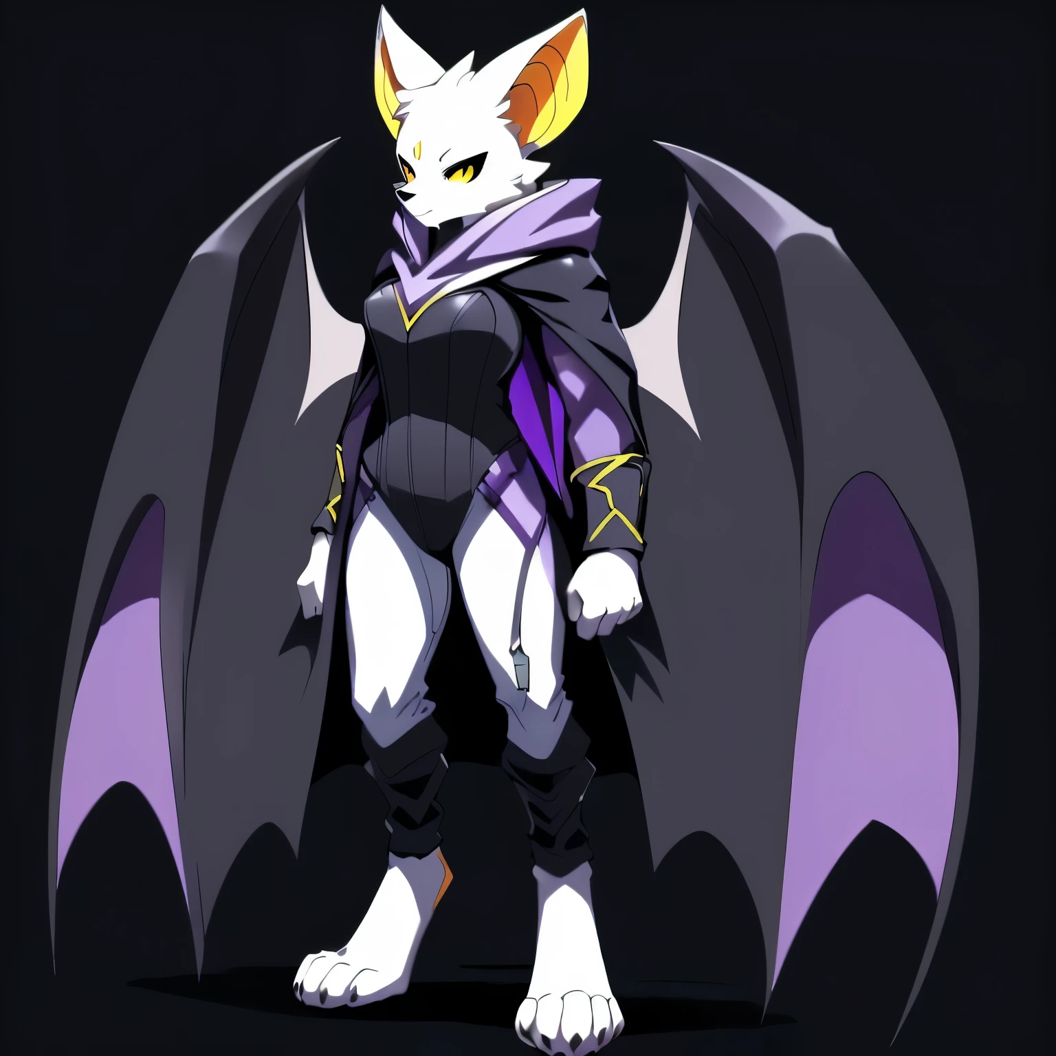 Anime, anime style, ((single person:2)), ((solo drawing:2)), ((solo:2)), ((three-quarter view)), ((Looking to the side)), ((female Anthro bat)), ((Tall figure)), ((buxom figure)), ((white skin)), clawed hands, ((clawed paws)), ((Single Pair of Wings)), ((Huge Bat Wings)), ((Purple Bat Wings:1.2)), white bat ears, ((wearing a black bustier)), ((white face)), ((neutral expression)), vivid yellow eyes, ((digitigrade legs)), ((digitigrade feet)), ((solid black background)), ((blank black background)), highly detailed anime style, clean lines, white face, short white muzzle, white furry cheeks, white furry muzzle, ((wearing black pants)), ((white paws)), ((wearing a full body cloak)) ((Wearing a black cloak))